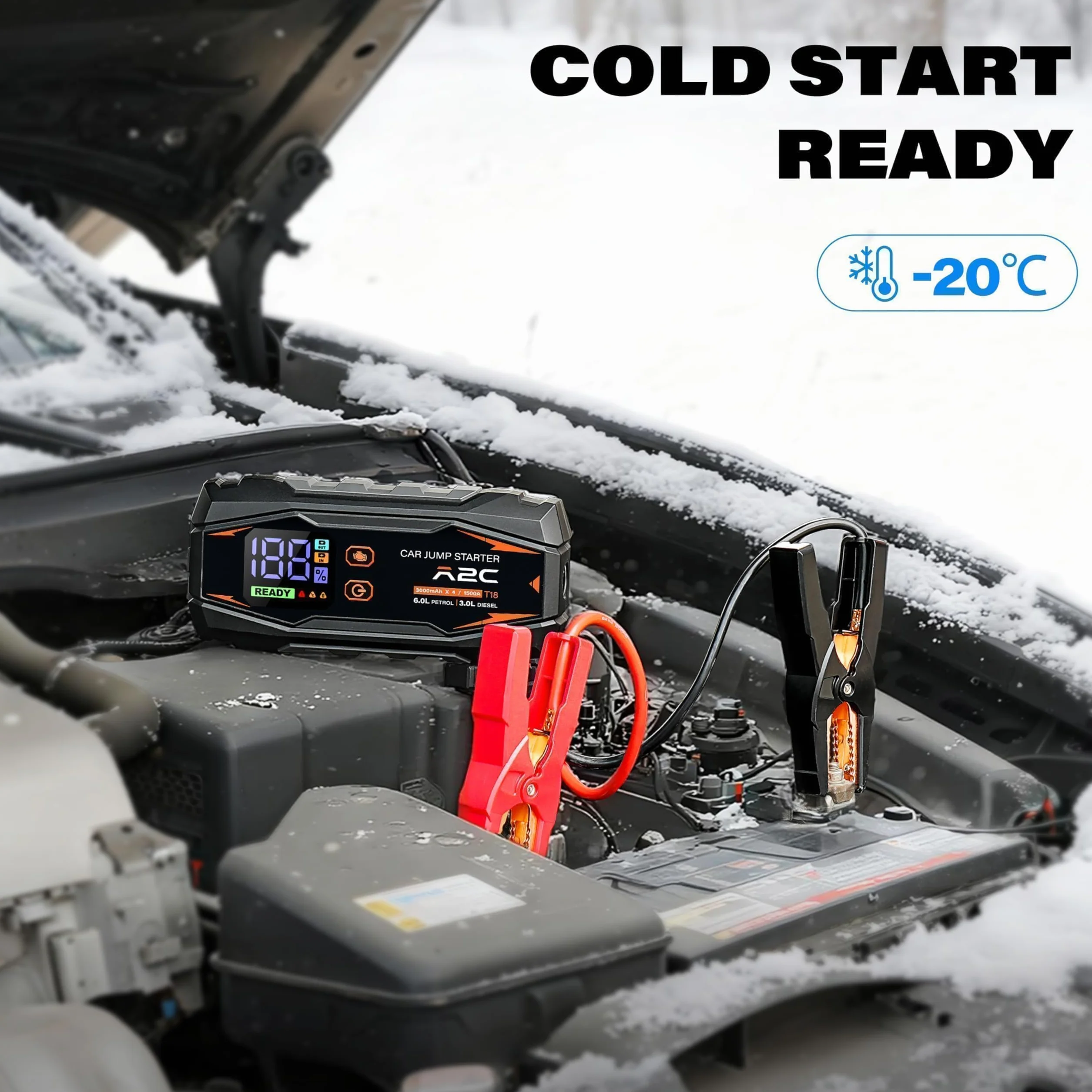 A2C 1500A Jump Starter, 12V (do 6 l lub olej napędowy 3L), Power Bank 12000mAh (PD/QC 3.0) z 3 portami USB C, rozrusznik samochodowy z przewodami rozruchowymi, wyświetlaczem LED i światłem