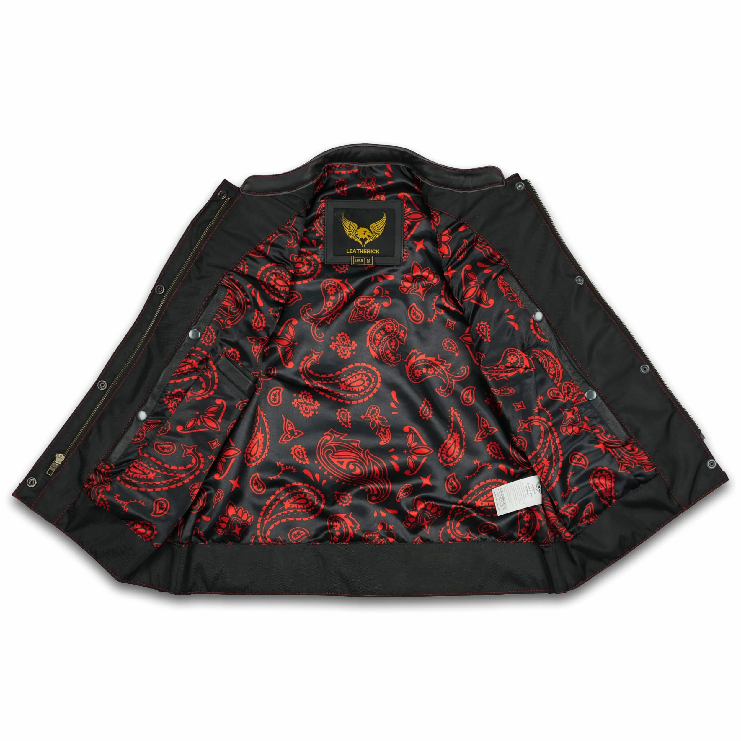 Leatherick Damska skórzana kamizelka motocyklowa czarna satynowa podszewka Paisley
