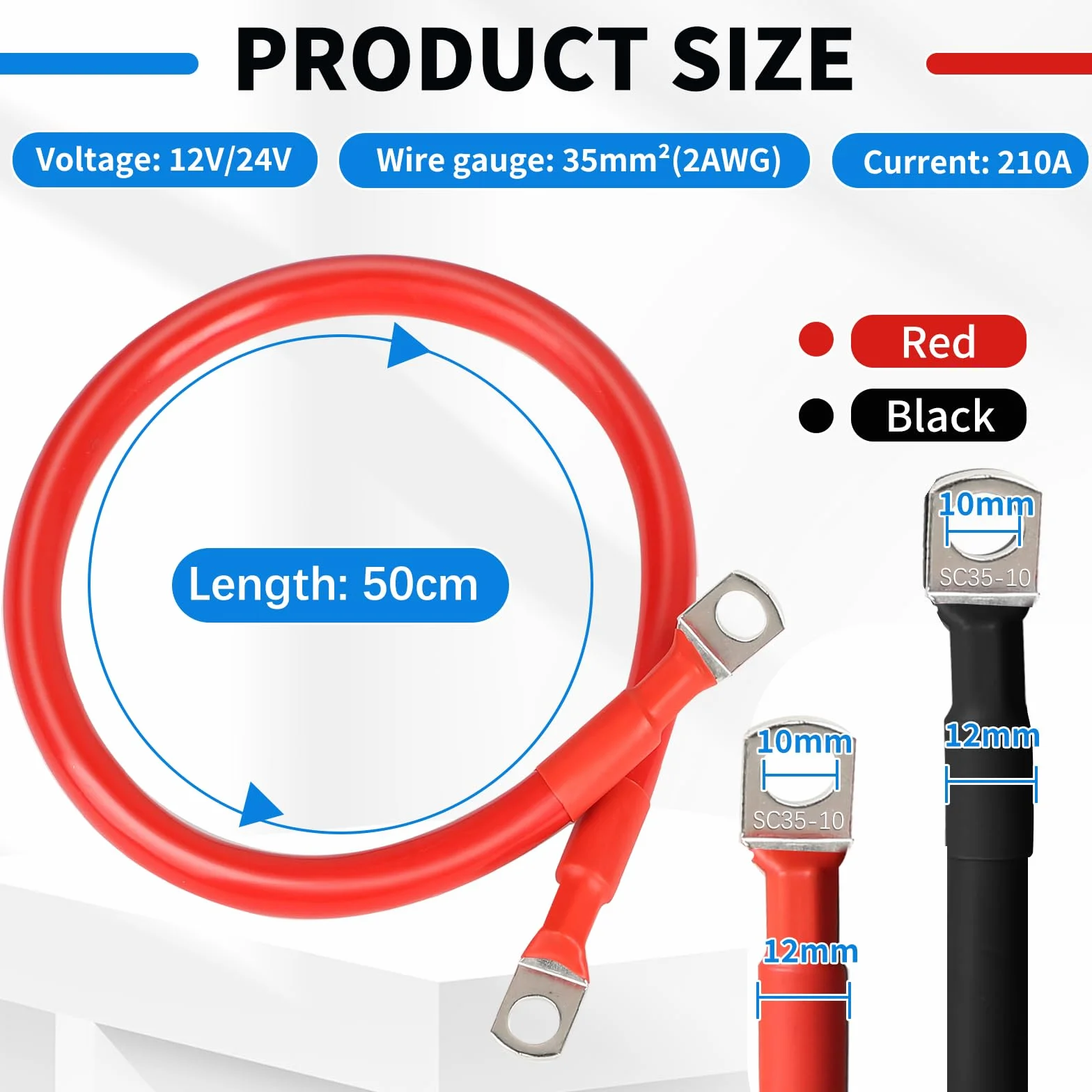 SWAWIS kabel do akumulatora M10 50 cm 35 mm2 12V/24V miedziany z zaciskami pierścieniowymi
