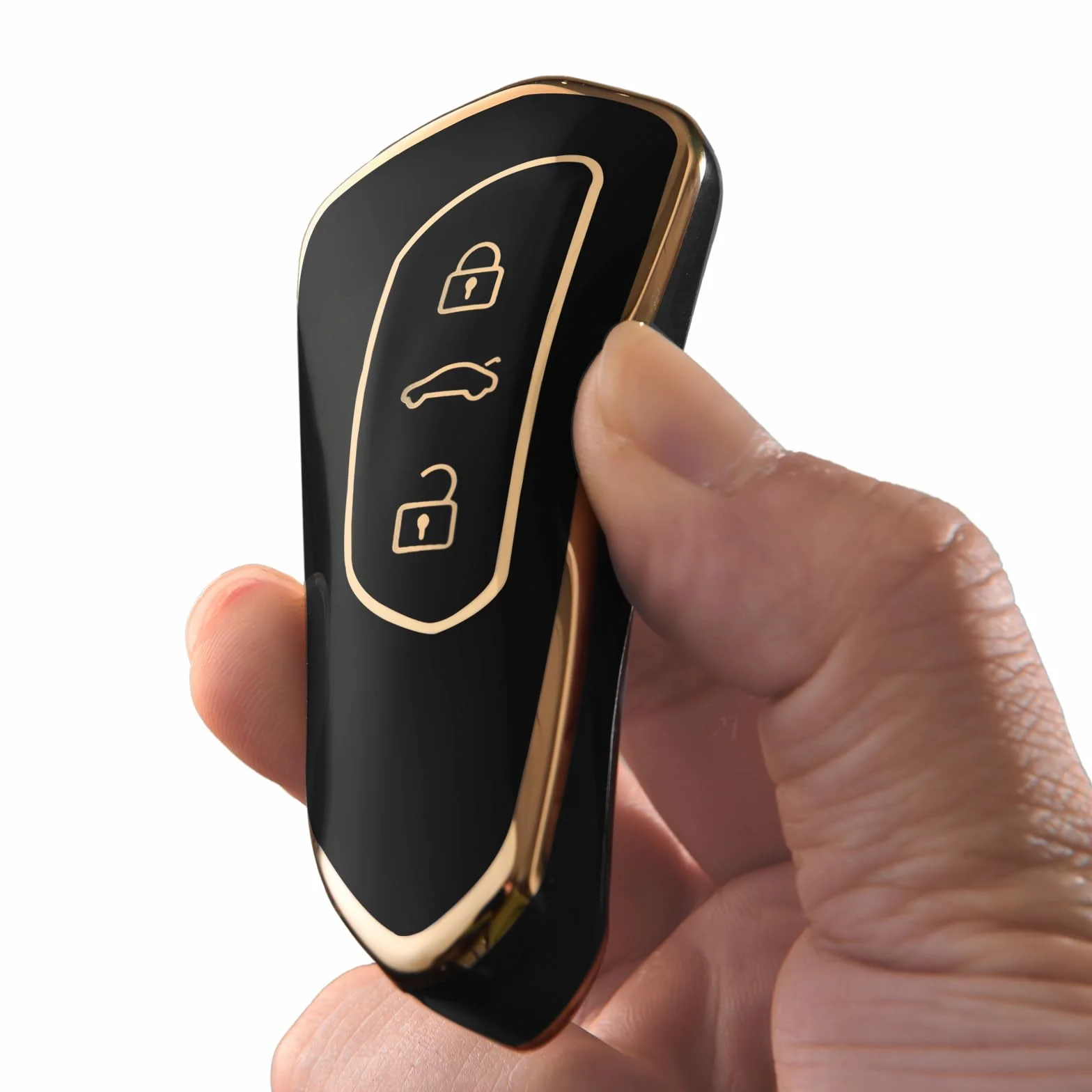 OATSBASF Etui na kluczyki samochodowe do VW, TPU silikonowe etui na klucze, kompatybilne z Golf 8, ID3, ID4, GTI, GTE, Seat Leon MK4, Tarraco, Ateca i Skoda Octavia (złote obramowanie, czarne)