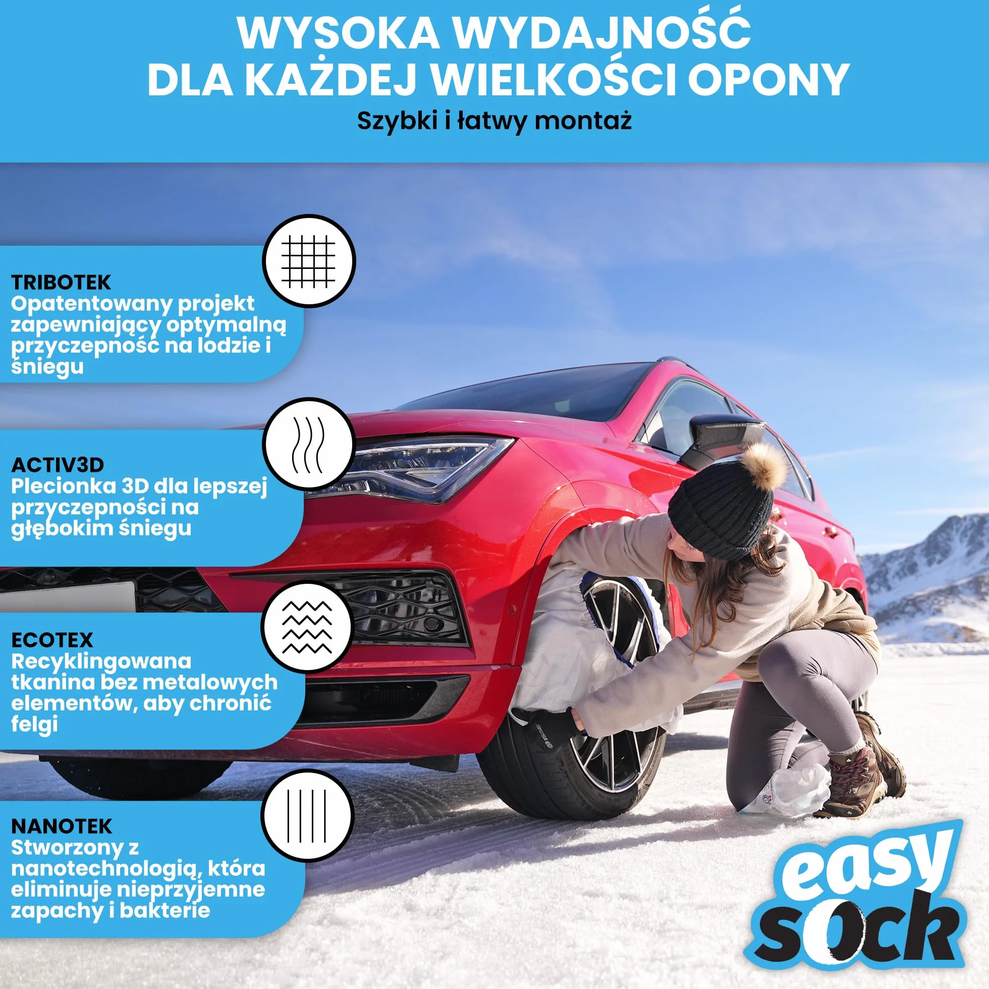 Easysock L - Tekstylne łańcuchy śniegowe do samochodu, Zatwierdzony zgodnie z normą EN 16662-1 - Tekstylne codzienne łańcuchy na śnieg i lód - 2 sztuki w zestawie