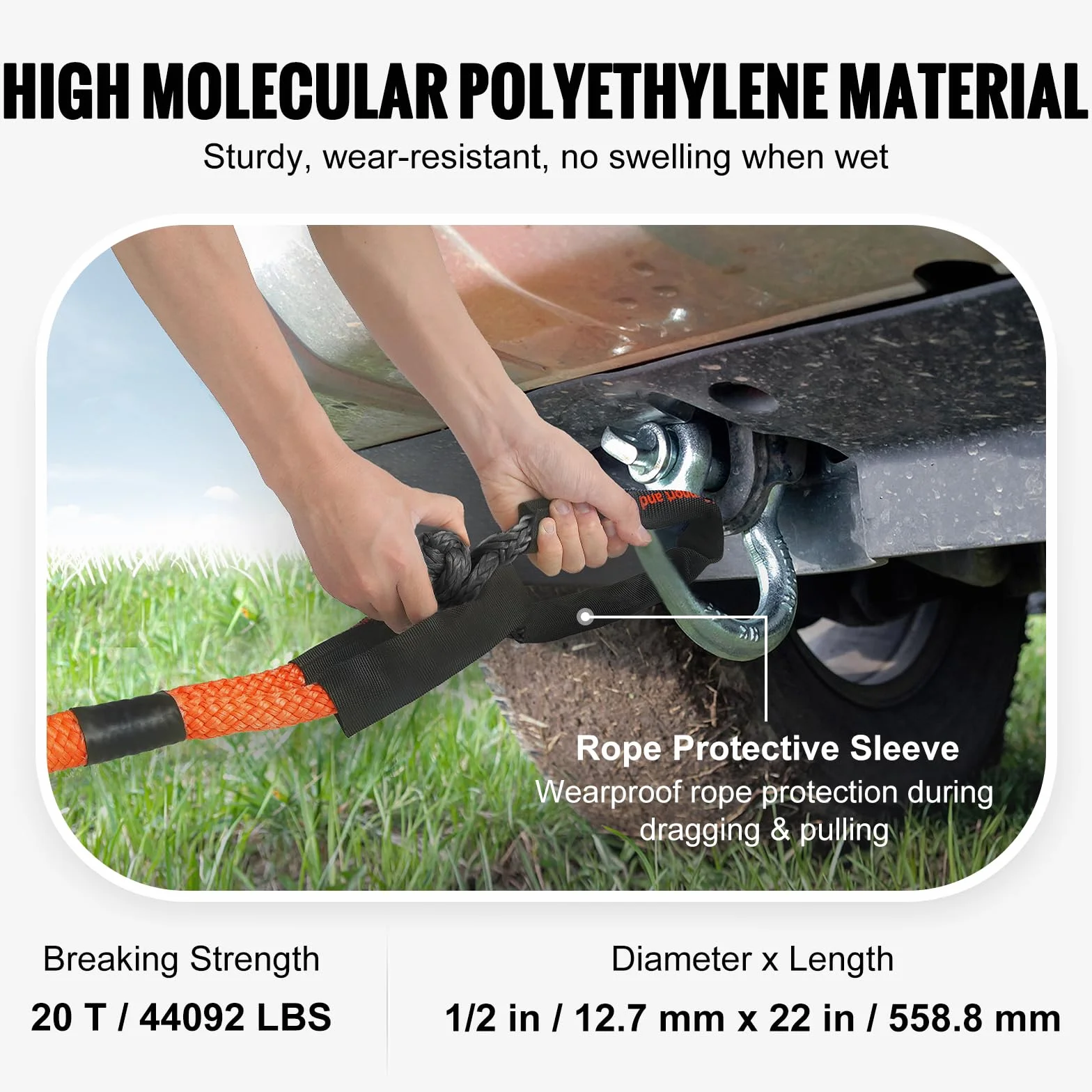 VEVOR Syntetyczna miękka szekla, 1/5.1 cm x 56 cm (2 sztuki) 20 ton (20 ton) wytrzymałość na rozerwanie kajdany holownicze z dodatkowymi 2 rękawami i torbą do przechowywania do UTV, ATV, ciężarówek,