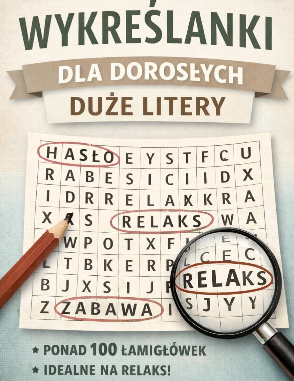 Wykreślanki dla dorosłych - duże litery: Ponad 100 wykreślanek, 1650 słów do odnalezienia, duża czcionka – relaks i trening umysłu dla dorosłych i seniorów