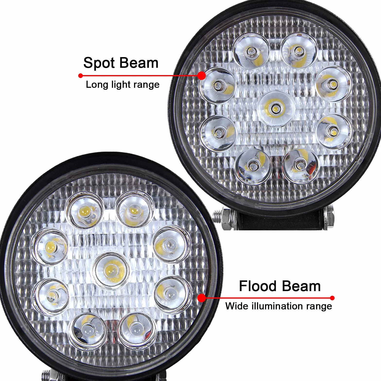 PICAA Reflektor LED 2PCS 4 cal 27W Okrągły LED Flood Light Ciągnik 12V-24V 6000K Reflektory LED do ciągników IP68 Wodoodporne światło przeciwmgielne Samochód,SUV, UTV, ATV,
