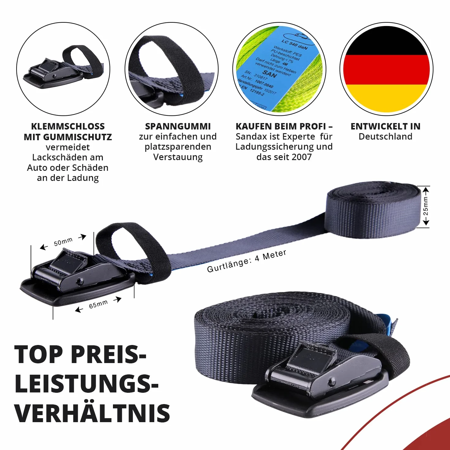 Sandax zestaw 4 pasów mocujących z zamkiem zaciskowym i osłoną klamry z gumy – długość: 4 m, szerokość: 25 mm – pasy mocujące obciążenie do 540 kg, zgodnie z normą DIN EN 12195-2 | taśma napinająca