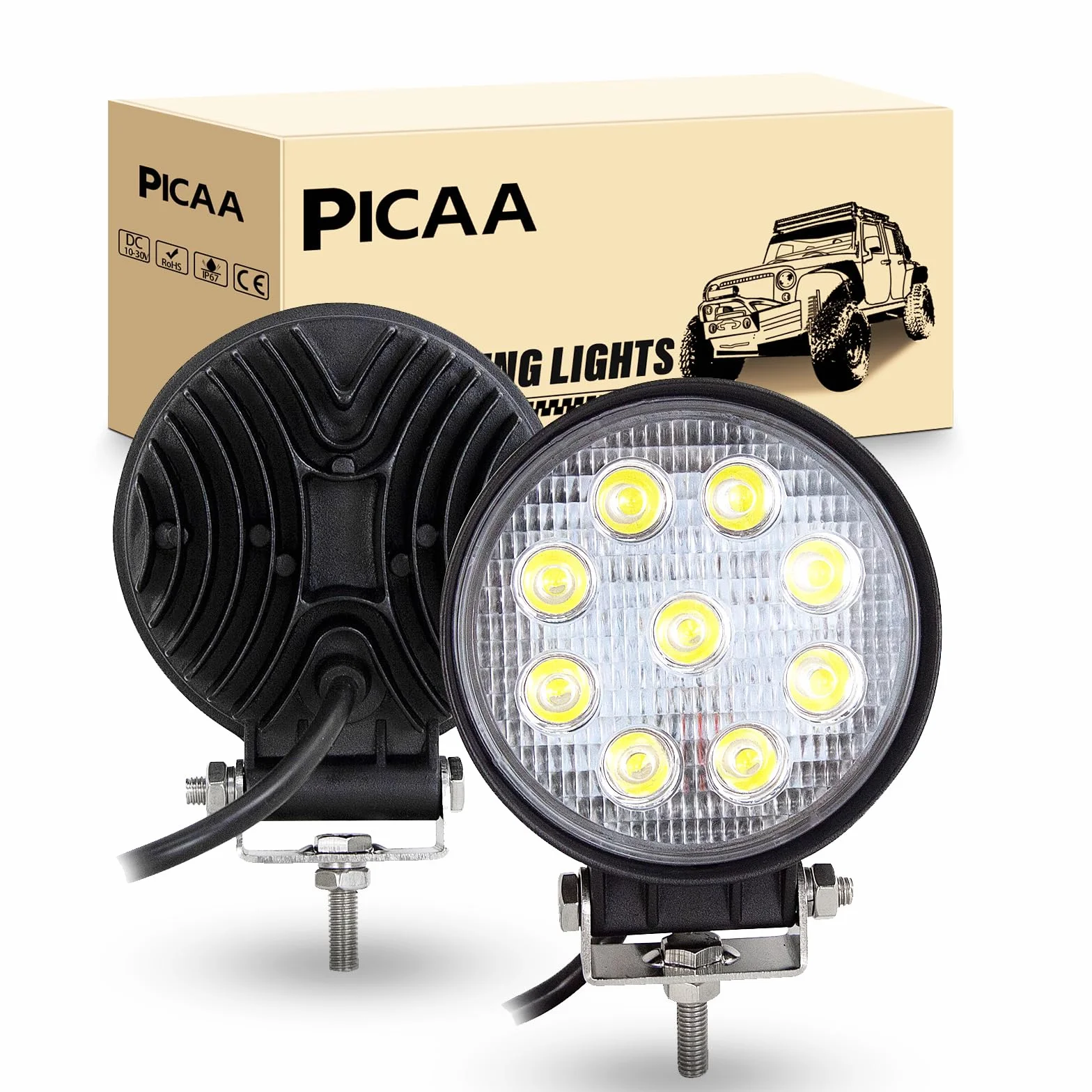 PICAA Reflektor LED 2PCS 4 cal 27W Okrągły LED Flood Light Ciągnik 12V-24V 6000K Reflektory LED do ciągników IP68 Wodoodporne światło przeciwmgielne Samochód,SUV, UTV, ATV,