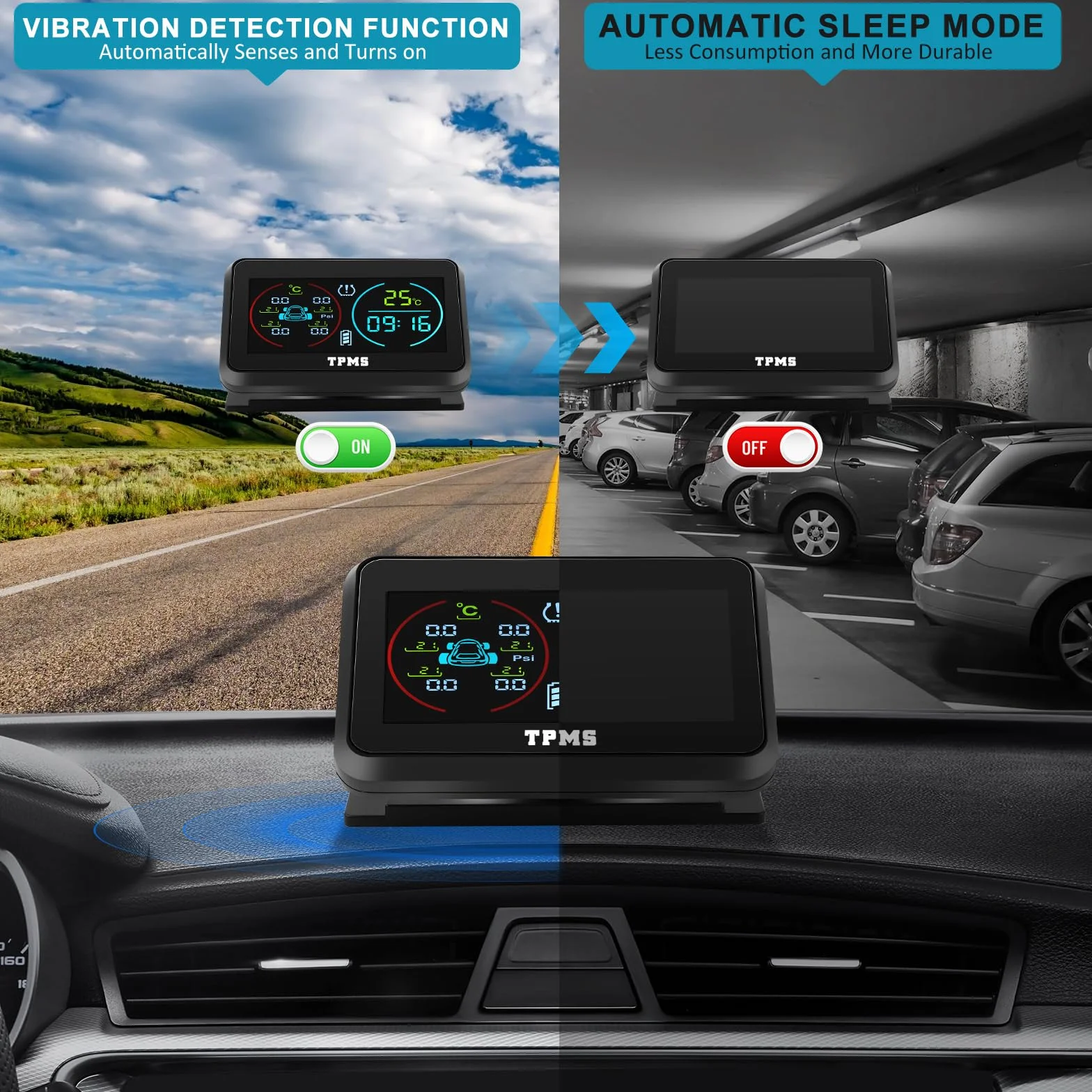 KAOLALI TPMS System monitorowania ciśnienia w oponach z 4 zewnętrznymi czujnikami solarny bezprzewodowy 0-5