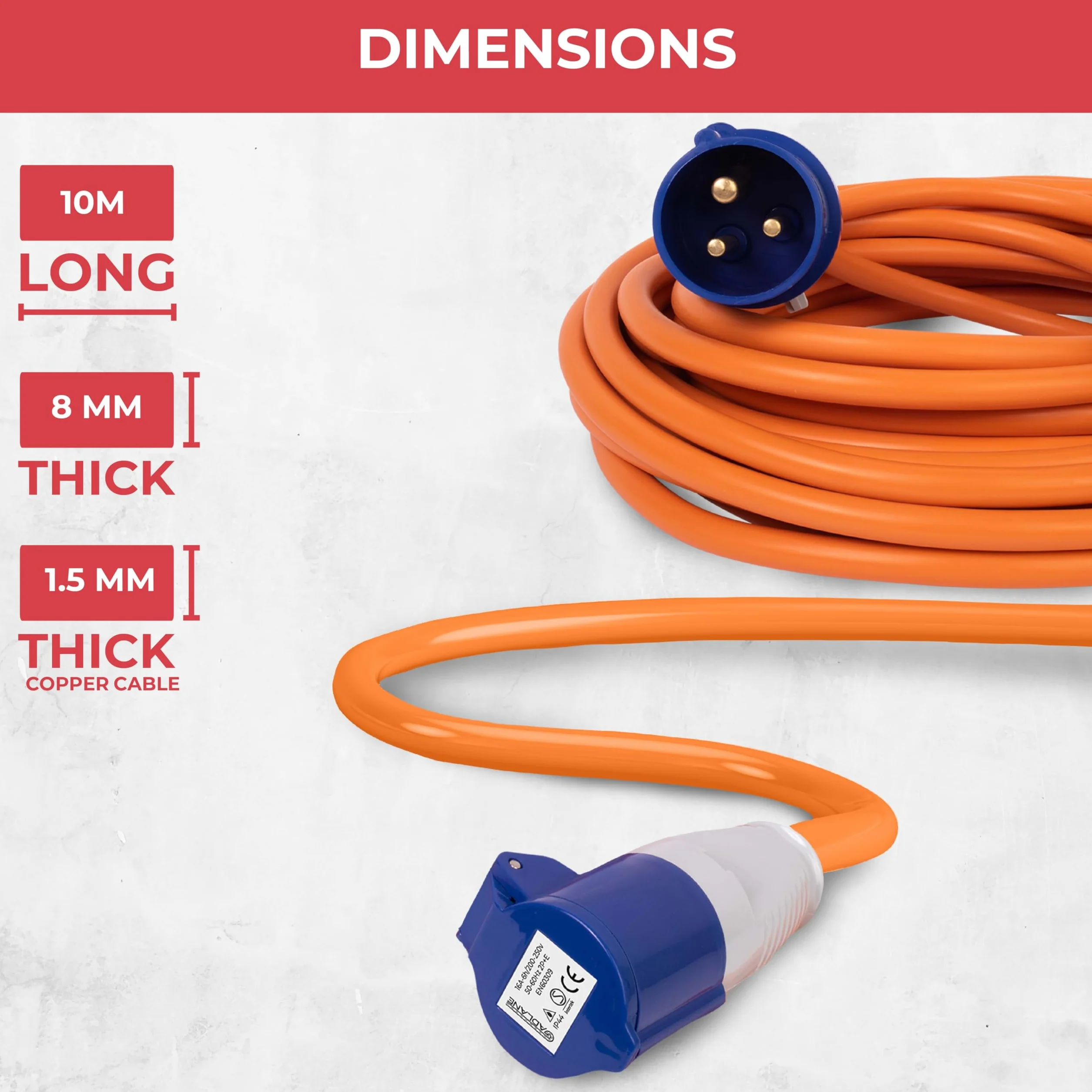 GADLANE CEE Przedłużacz 10 m, wytrzymały kabel do przyczepy kempingowej, 16 A, 240 V, dobrze widoczny w kolorze pomarańczowym, idealny do kampera (10 m)