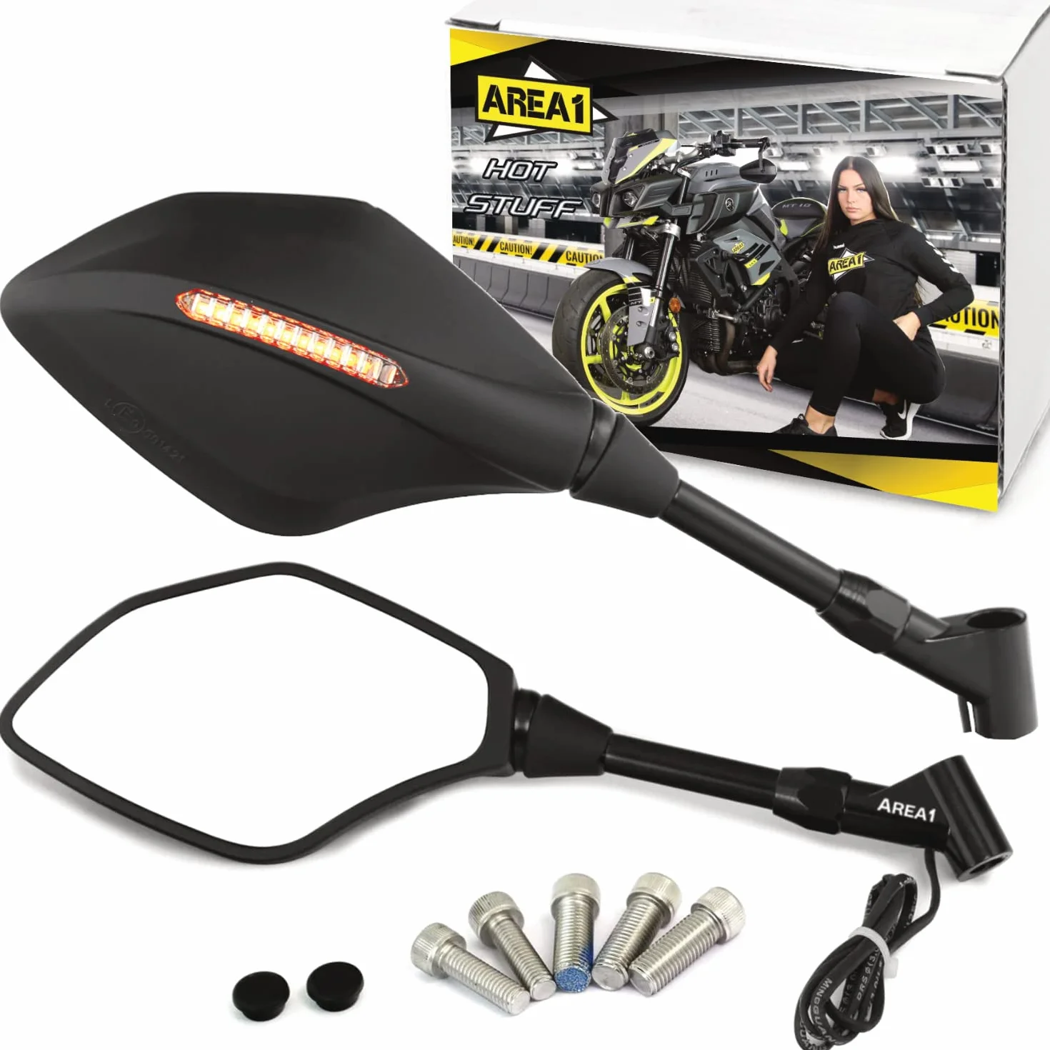 Area1 Lusterko motocyklową z kierunkowskazem LED. Zestaw lusterek wstecznych (prawe i lewe), atest E, 2 x M10 prawy + 1 x gwint lewy. Kompatybilne z