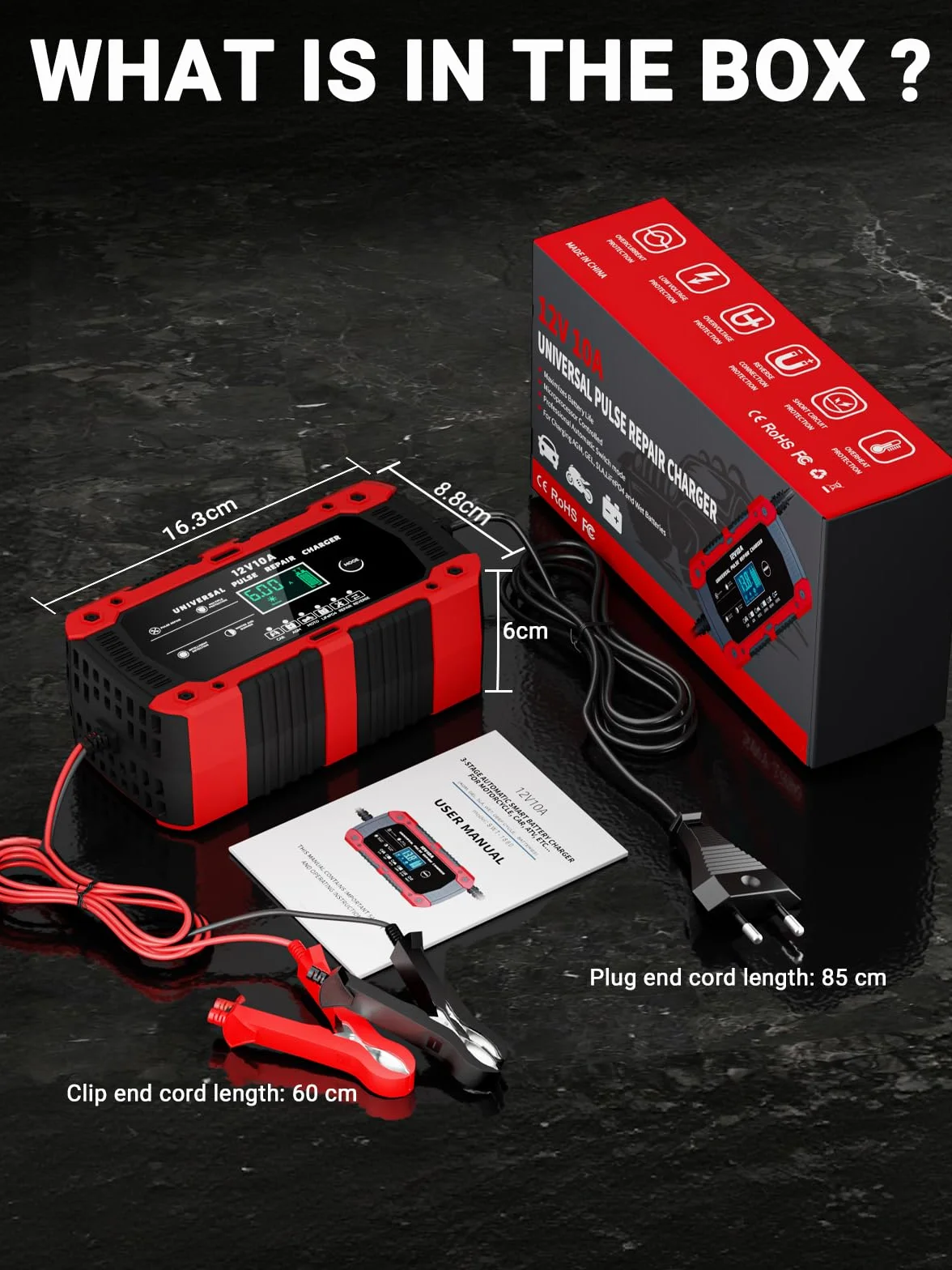 Ładowarka Akumulatorowa 12V 10A LiFePO4, Inteligentna Prostownik Samochodowy do Auta i Motocykla z Trybem Naprawy, Wyświetlacz LCD, do AGM GEL SLA WET LiFePO4