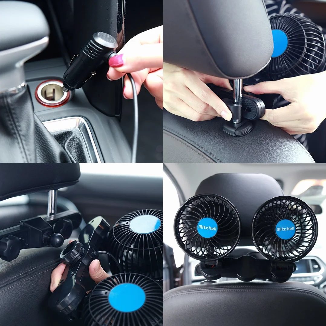 Elektryczny wentylator samochodowy na tylne siedzenie, przenośny wentylator samochodowy z zagłówkiem, obracany o 360 stopni, wentylator samochodowy 12 V, wentylator chłodzący z bezstopniową regulacją
