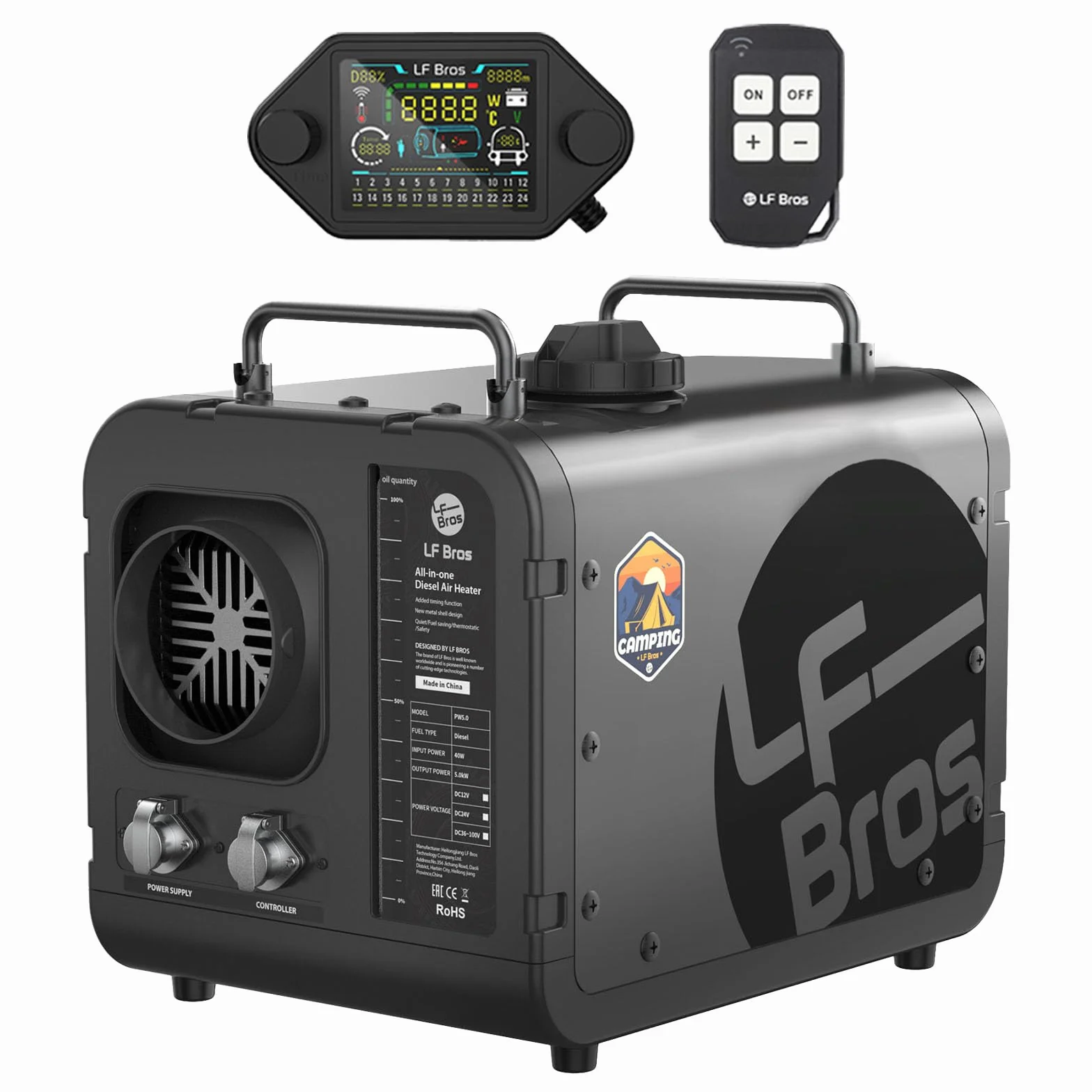 LF Bros Podgrzewacz Powietrza 5kW 12V/220V Parkingowy Ogrzewacz Diesel Przenośny z Zegarem LCD Czarny