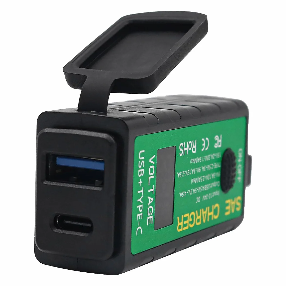 Motocyklowa ładowarka USB SAE na USB C wodoszczelna z woltomierzem i włącznikiem