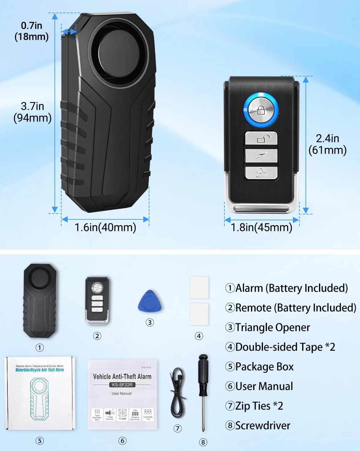 Bezprzewodowy alarm rowerowy z pilotem 113dB antykradzieżowy czujnik wibracyjny
