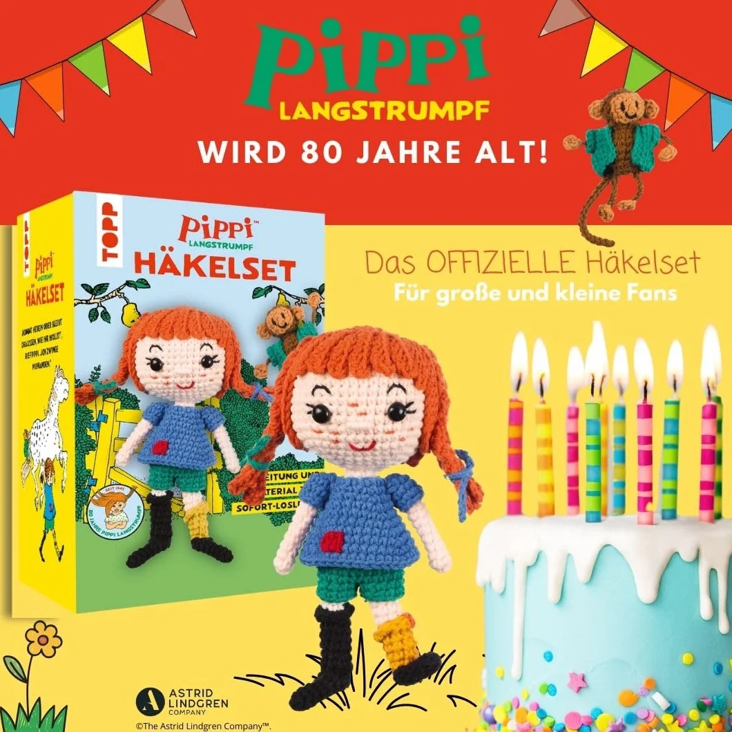 Pippi Langstrumpf - Das offizielle Häkelset zum 80. Geburtstag: Anleitung, Misch-Garn in 9 Farben, Füllwatte, Häkelnadel 3,0 mm, Sicherheitsaugen, Draht, Aufsteller
