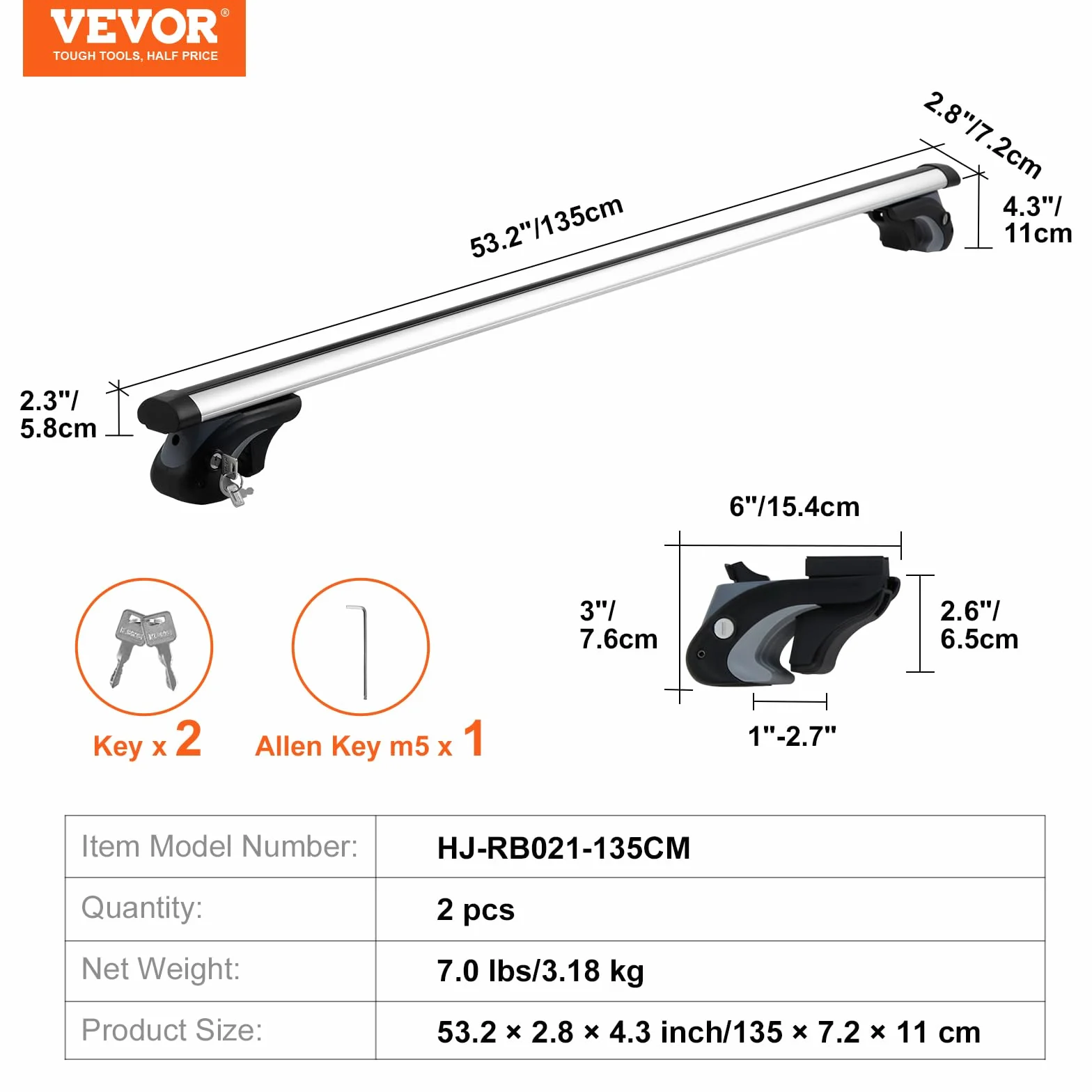 VEVOR Uniwersalne poprzeczki dachowe, 135 cm, aluminiowe relingi dachowe, pasują do podniesionych szyn bocznych ze szczeliną, nośność 90 kg, regulowane poprzeczki z zamkiem, do SUV-ów, sedanów