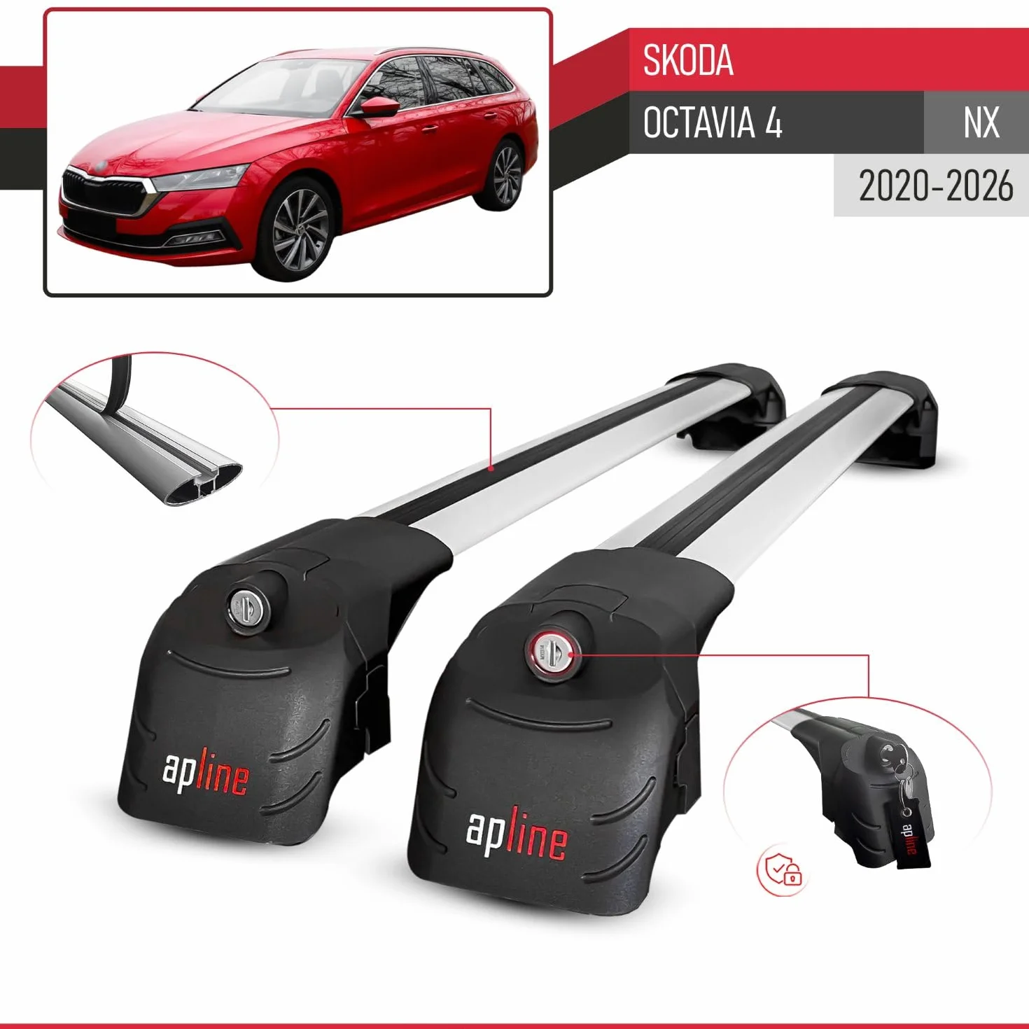 Kompatybilny z Skoda Octavia 4 (NX) 2020-2026 ACE-2 Aluminiowy bagażnik dachowy – 2 poprzeczki, szary