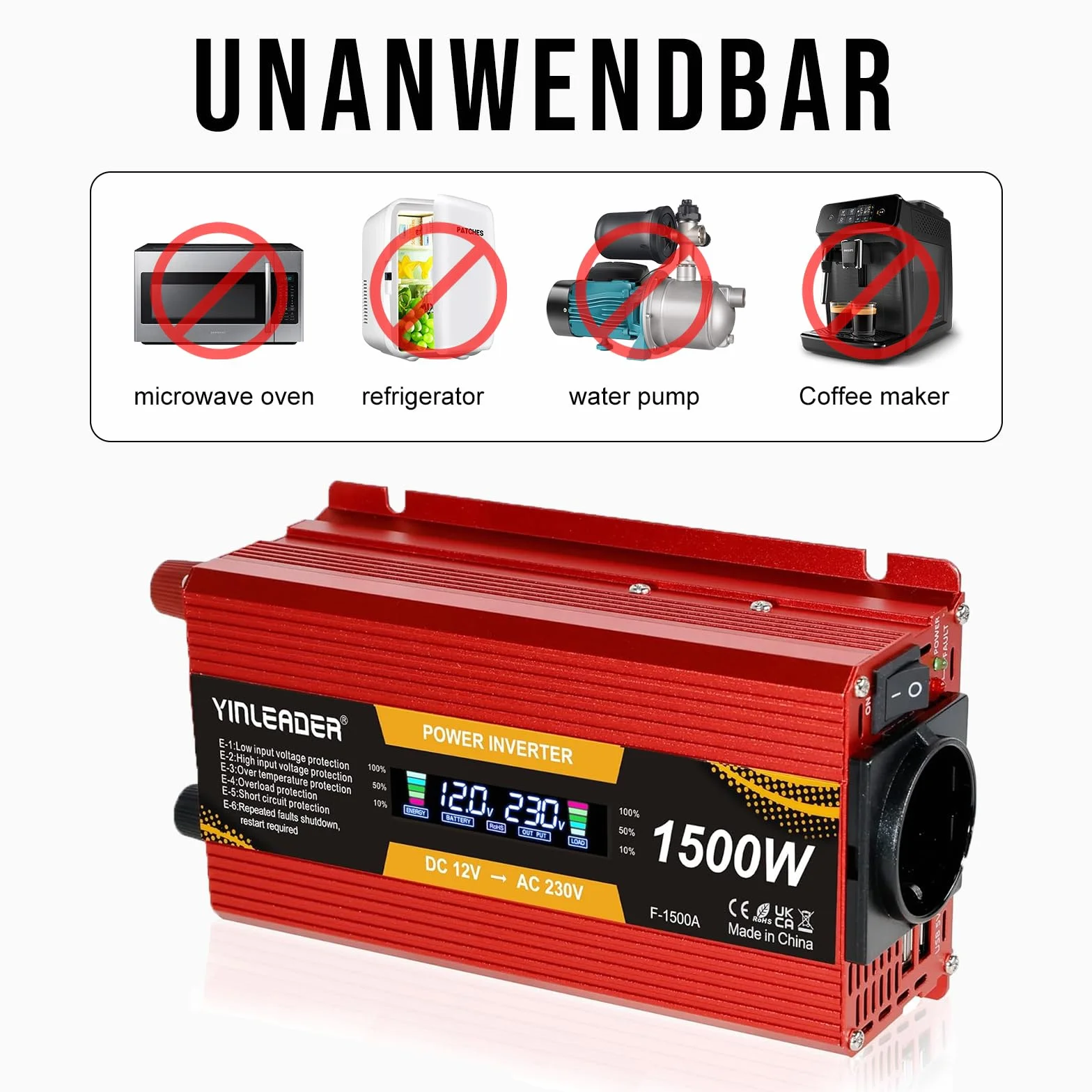 Przetwornica napięcia 1500W 12V 230V falownik z dużym wyświetlaczem