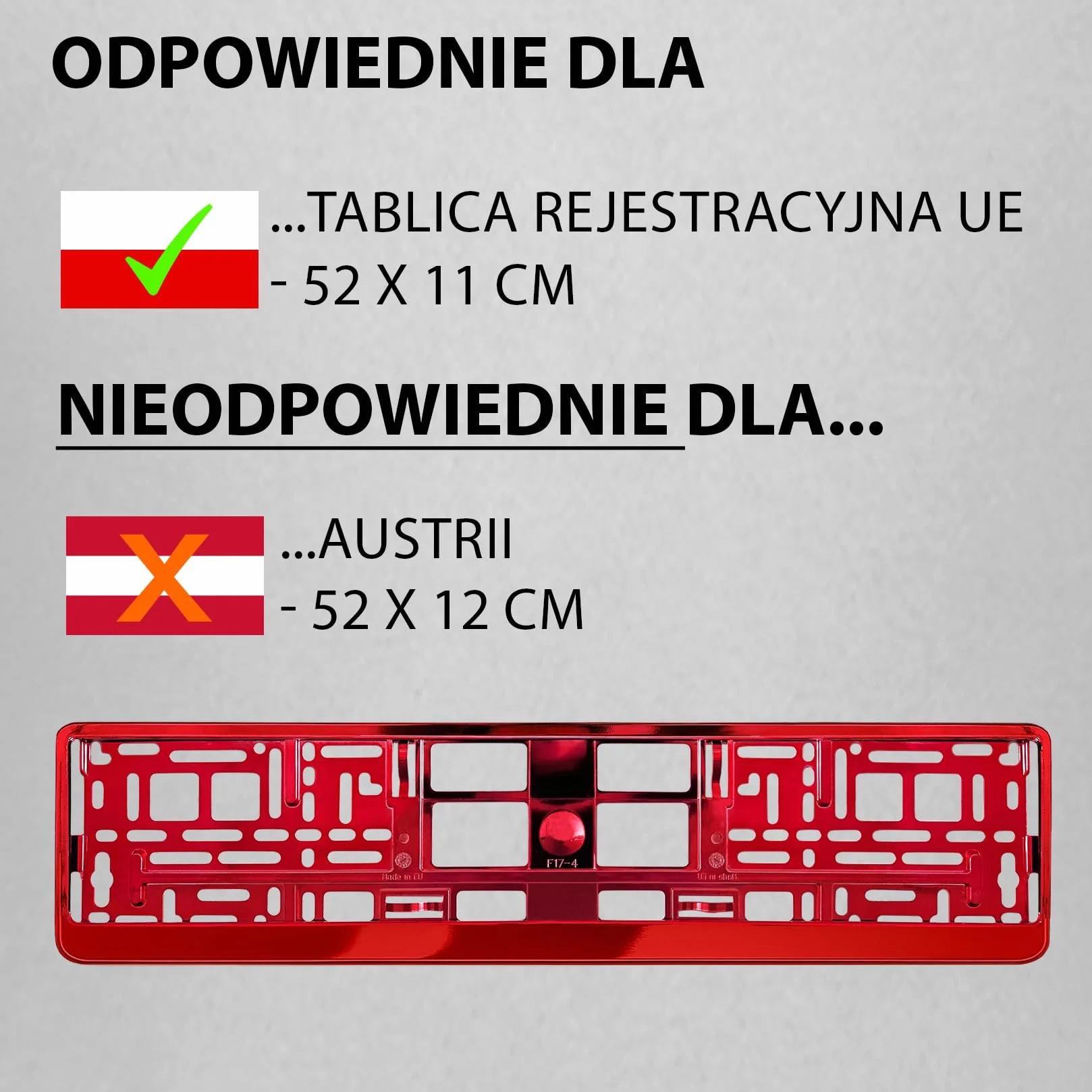 Uchwyt tablicy rejestracyjnej 520x110 mm czerwony chrom 8 śrub Ramka do tablic rejestracyjnych