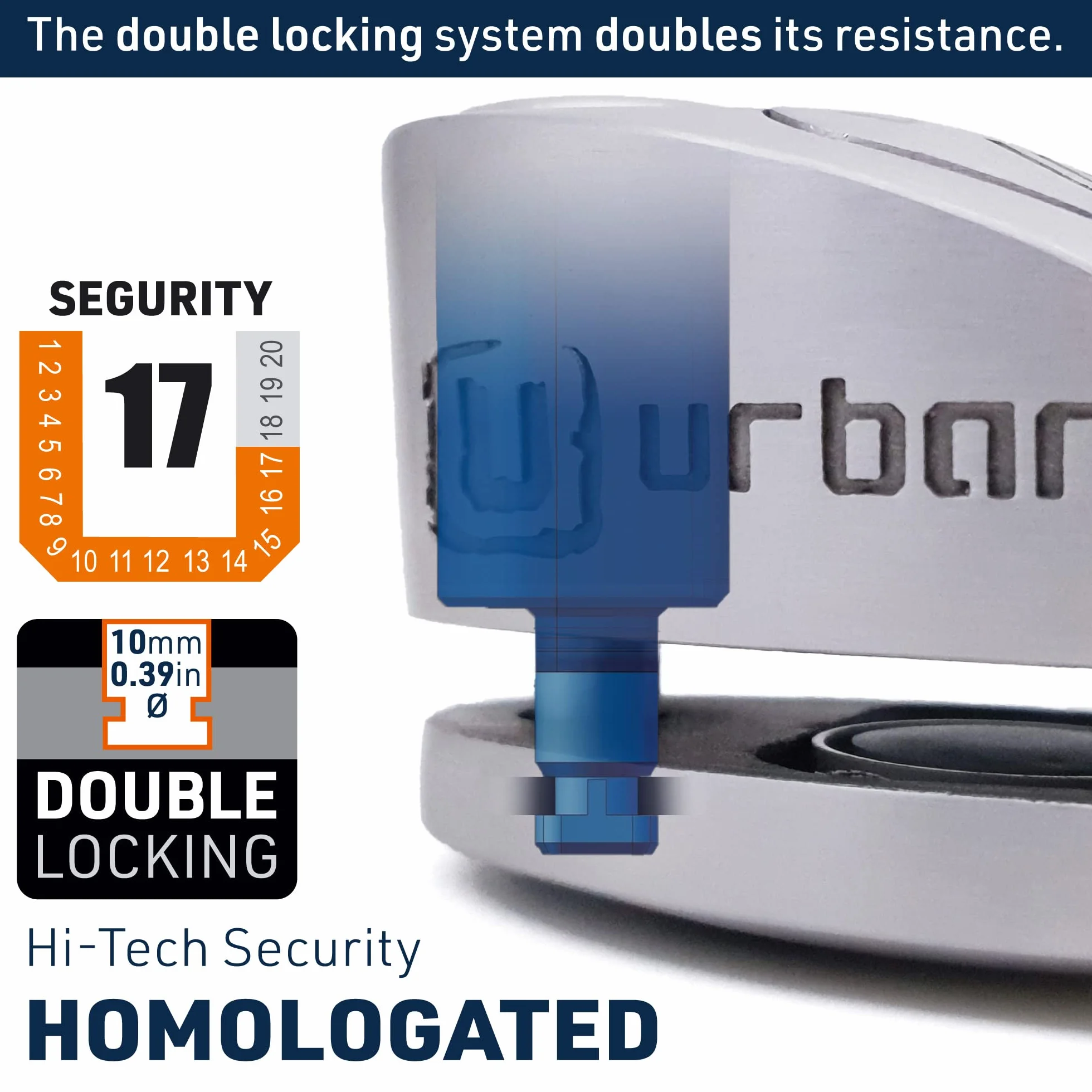Urban UR910S Blokada Dysku z Alarmem 120 dB Podwójny Zamek 10 mm Homologowany SRA