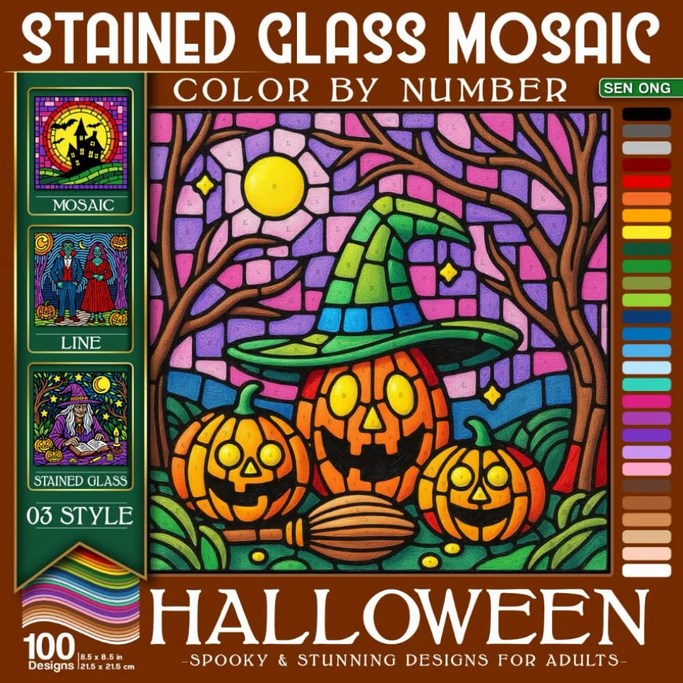 Halloween Stained Glass Mosaic Color By Number: 100 Spooky & Stunning Designs for Adults to Relax & Create