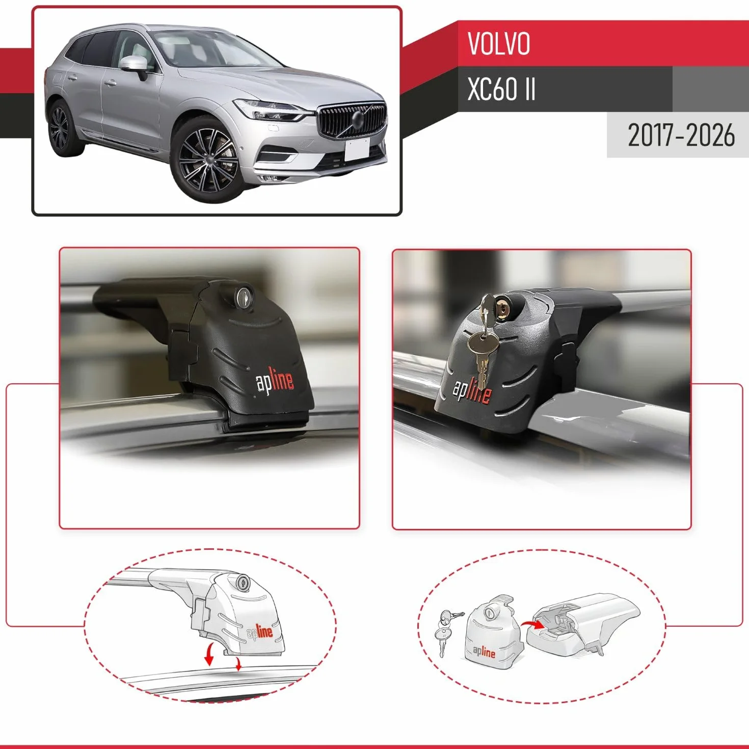 Kompatybilny z Volvo XC60 II 2017-2026 ACE-2 Model Aluminiowe poprzeczki dachowe Szary 2 szt.