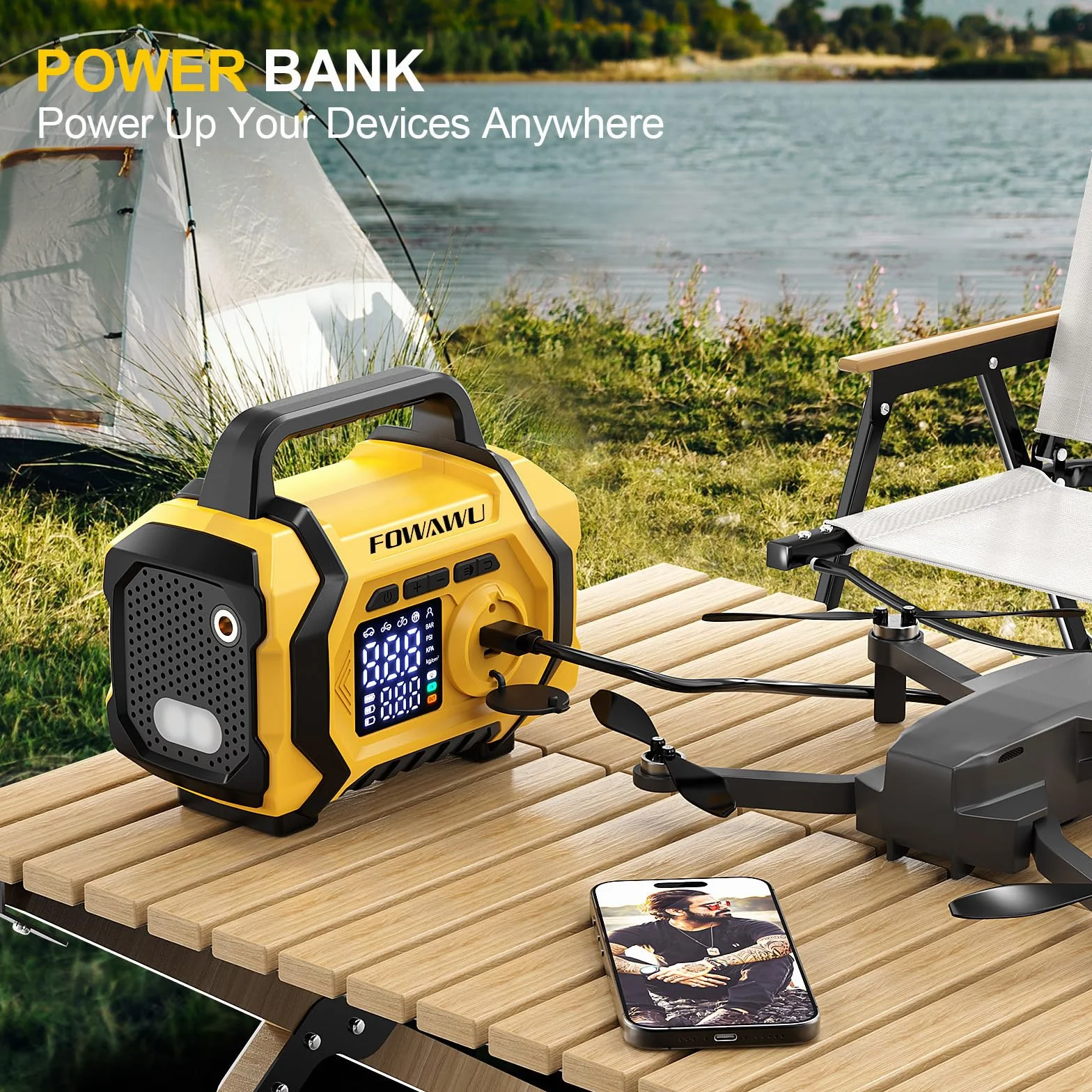 The FOWAWU 8000 A Powerbank combines the functions of an air compressor and a car jump starter, capable of reaching pressures of up to 150 PSI