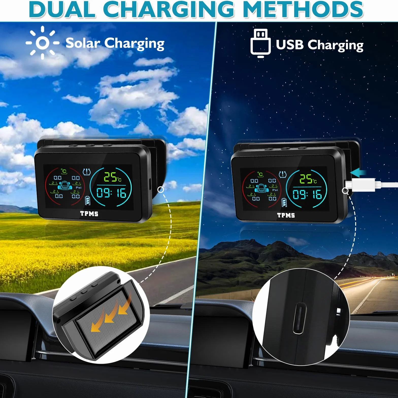 KAOLALI TPMS System monitorowania ciśnienia w oponach z 4 zewnętrznymi czujnikami solarny bezprzewodowy 0-5