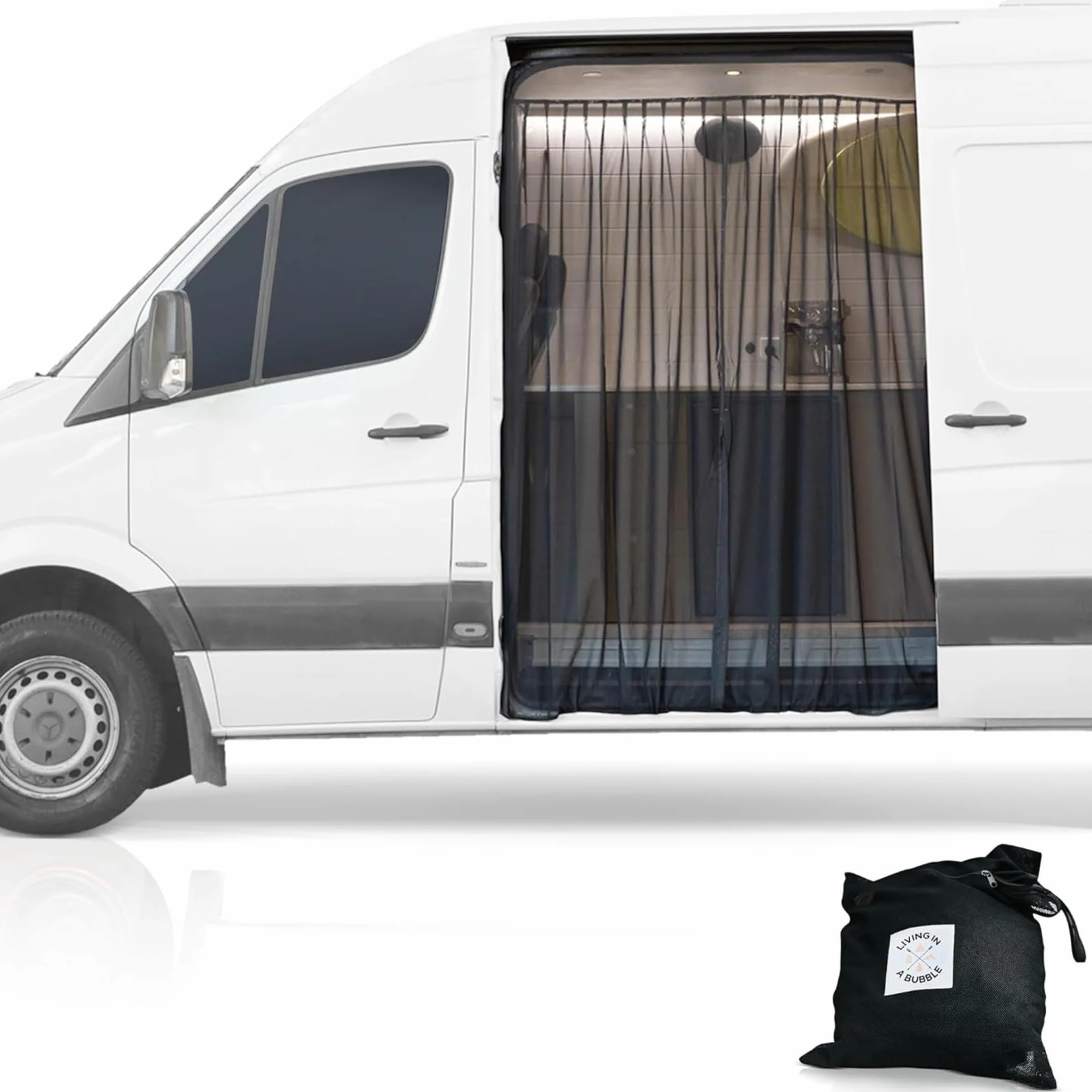 Living in a Bubble Osłona na owady furgonetki do Mercedes Sprinter dach średni/wysoki, Volkswagen Crafter High & Super High Roof, Renault Masterand. Moskitiera na drzwi przesuwne, centralne zamknięcie