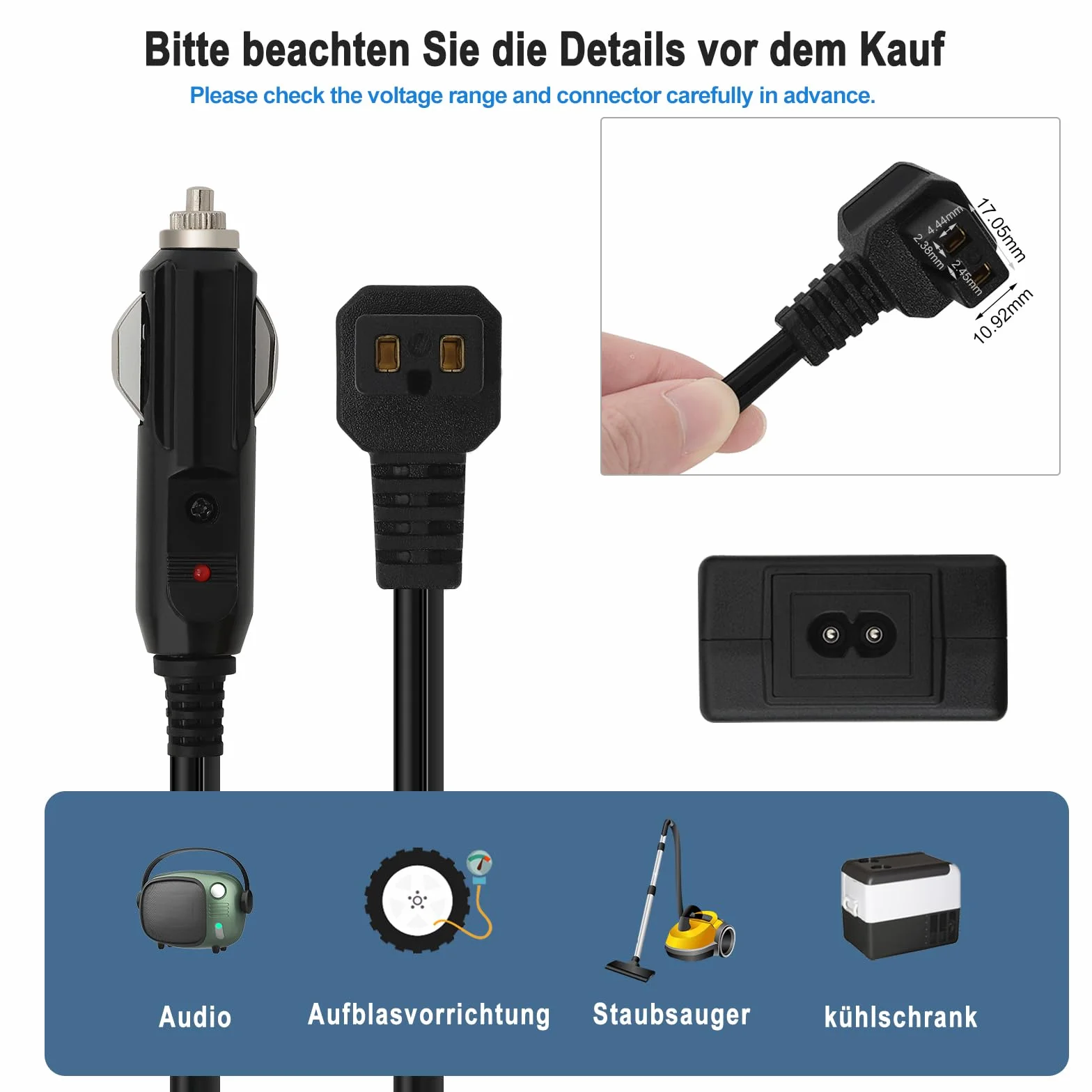 WOLTU Kabel przedłużający, 3,5 m, 12 V DC, zamiennik do samochodu, lodówki, mini lodówki, 2-biegunowy kabel, wtyczka do lodówki (czarny)