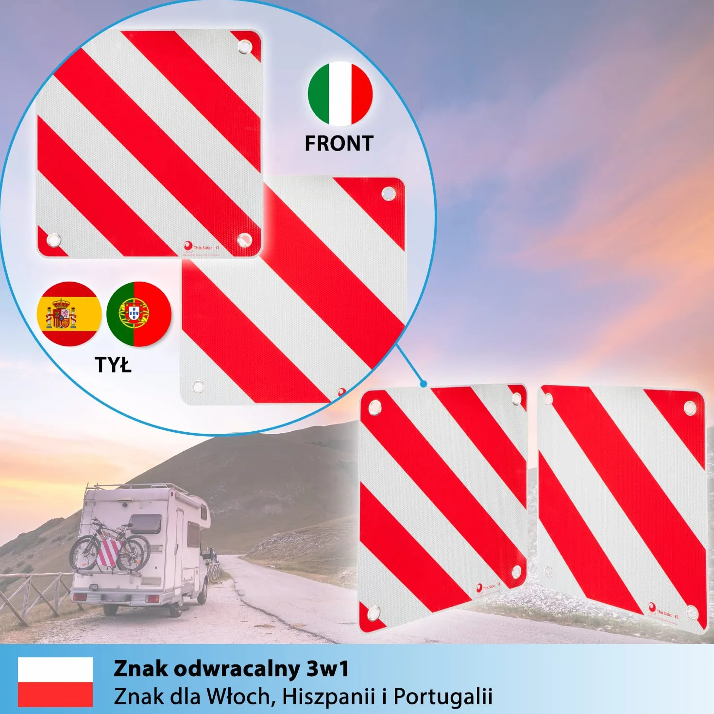 Valonic Znak ostrzegawczy 3w1 50x50cm odblaskowy do kampera