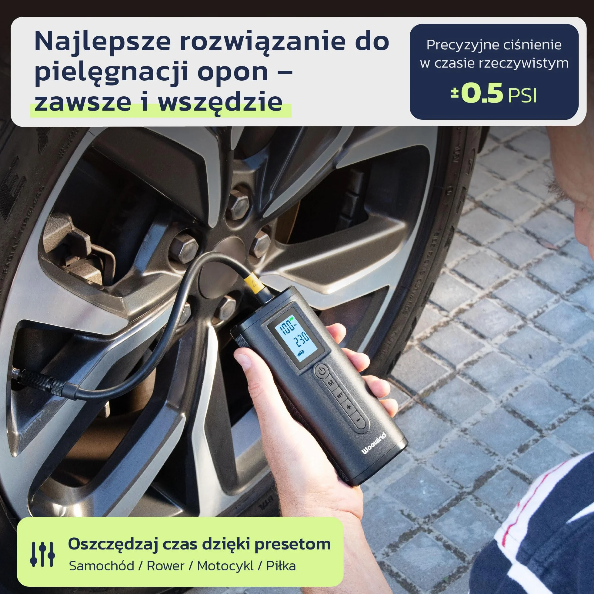 Woowind AP2-P Pompka do opon Przenośna sprężarka powietrza 150 PSI Pompka do opon samochodowych, pompka rowerowa, automatyczne zatrzymanie, szybkie pompowanie dla właścicieli samochodów, rowerzystów