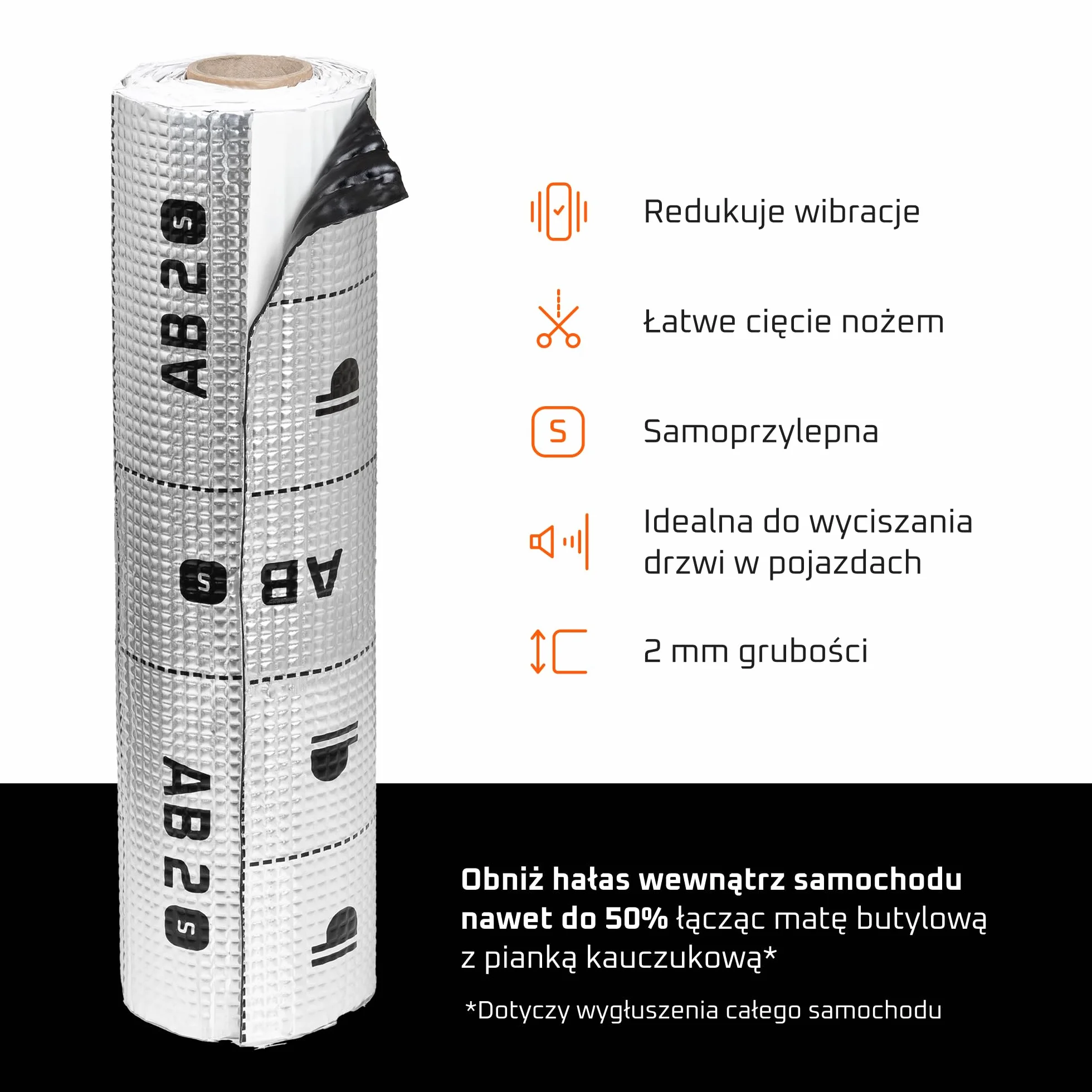 Mata Alubutylowa AB2s 2 mm 2m² Samoprzylepna Izolacja Akustyczna Redukcja Hałasu Drgań Aluminium 100 µm