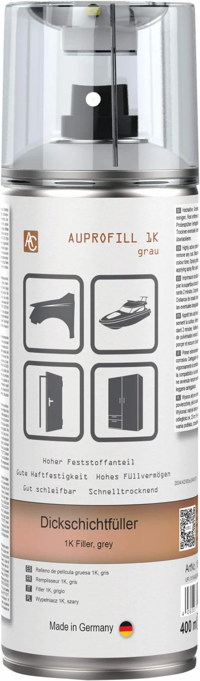 Auprotec wypełniacz grubościowy AUPROFILL 1K podkład wypełniający do lakieru samochodowego spray szary 1x 400 ml 106400 bez akcesoriów 1 puszka