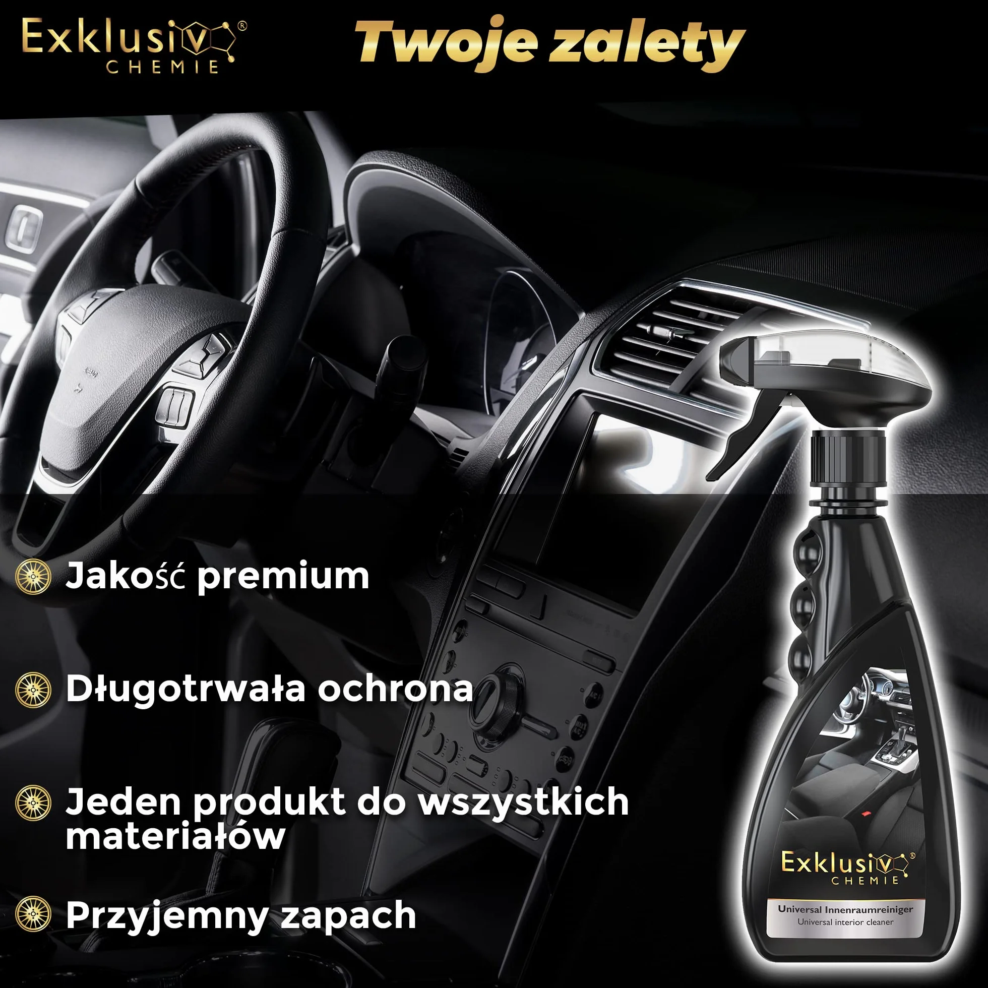 Exklusiv Chemie® Środek do czyszczenia wnętrz | Głęboki efekt dla fotelików samochodowych | Wnętrze do pielęgnacji samochodu | Środek do czyszczenia wnętrza samochodu | Czyści maty, skórę, plastik i gumę | 500 ml