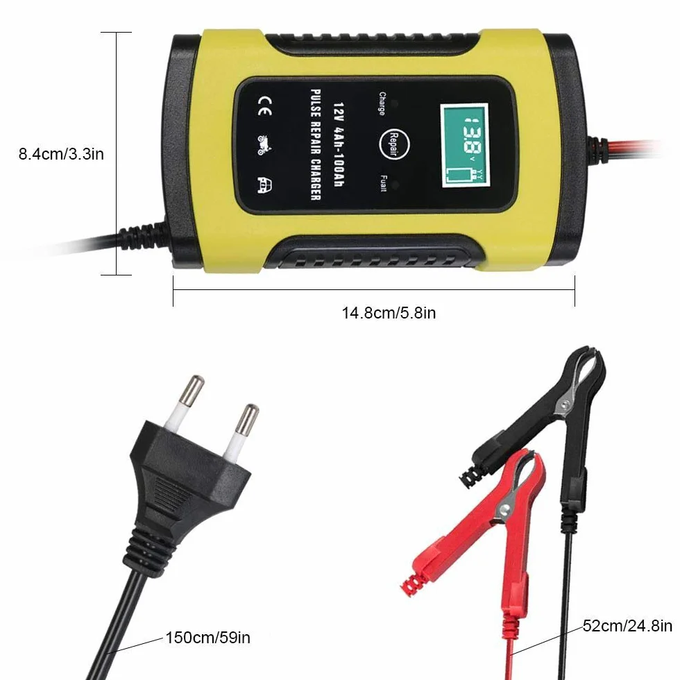 URAQT Ładowarka do akumulatora samochodowego, 6 A/12 V, w pełni automatyczna, inteligentna ładowarka podtrzymująca z wyświetlaczem LCD, odsiarczanie baterii z ochroną wielokrotną do samochodu, motocykla, łodzi (żółta)