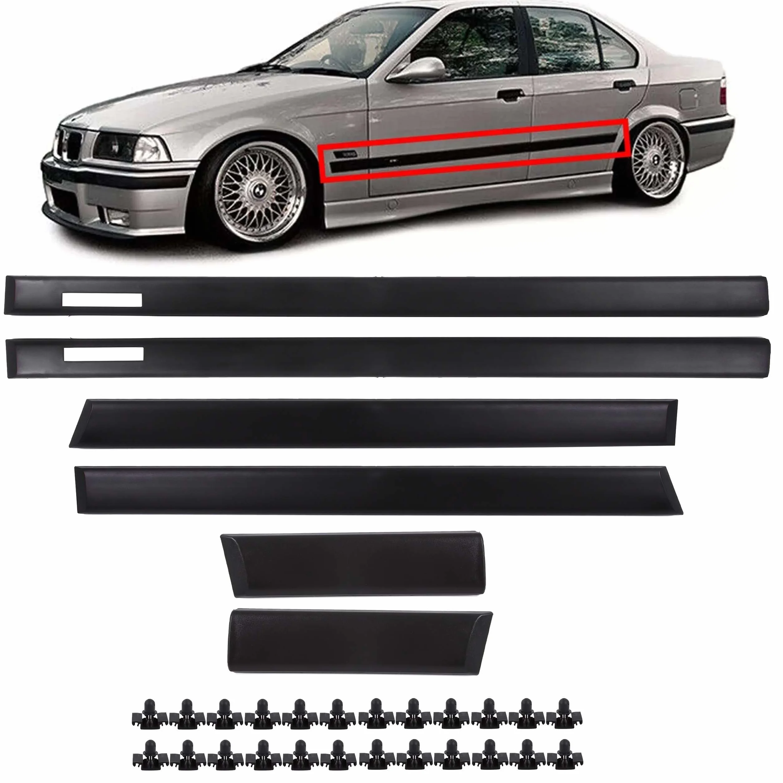 INLY 6-częściowe listwy drzwiowe, listwy boczne, listwy zderzaków, listwy ozdobne w stylu M, kompatybilne z 3 serii E36 Limousine/Touring (1990-1999)