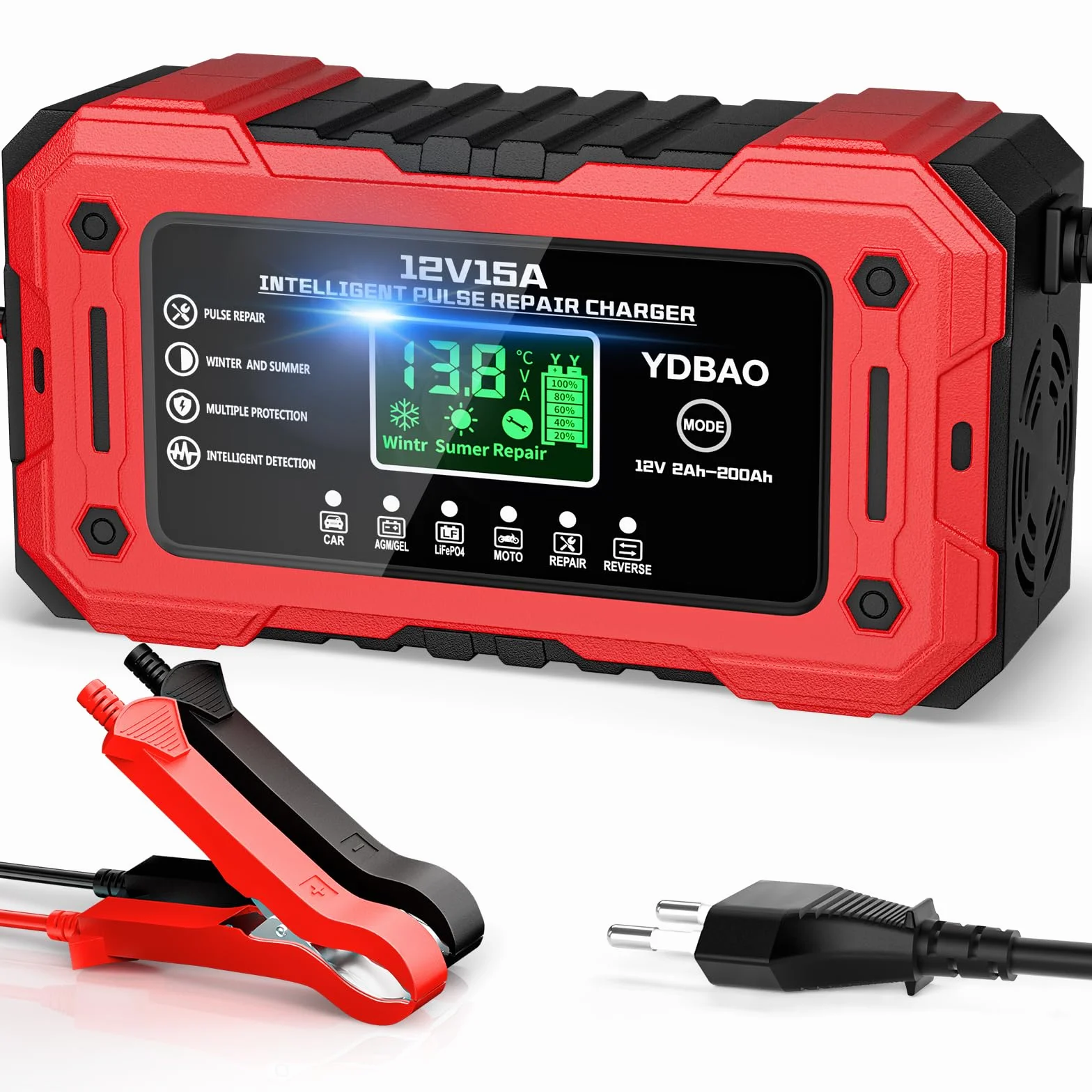 YDBAO Prostownik Samochodowy 15A 12V LiFePO4, Inteligentna Ładowarka do Akumulatorów Auto i Moto z Wyświetlaczem LCD, Tryb Naprawy, Zabezpieczenia do AGM GEL EFB SLA WET LiFePO4