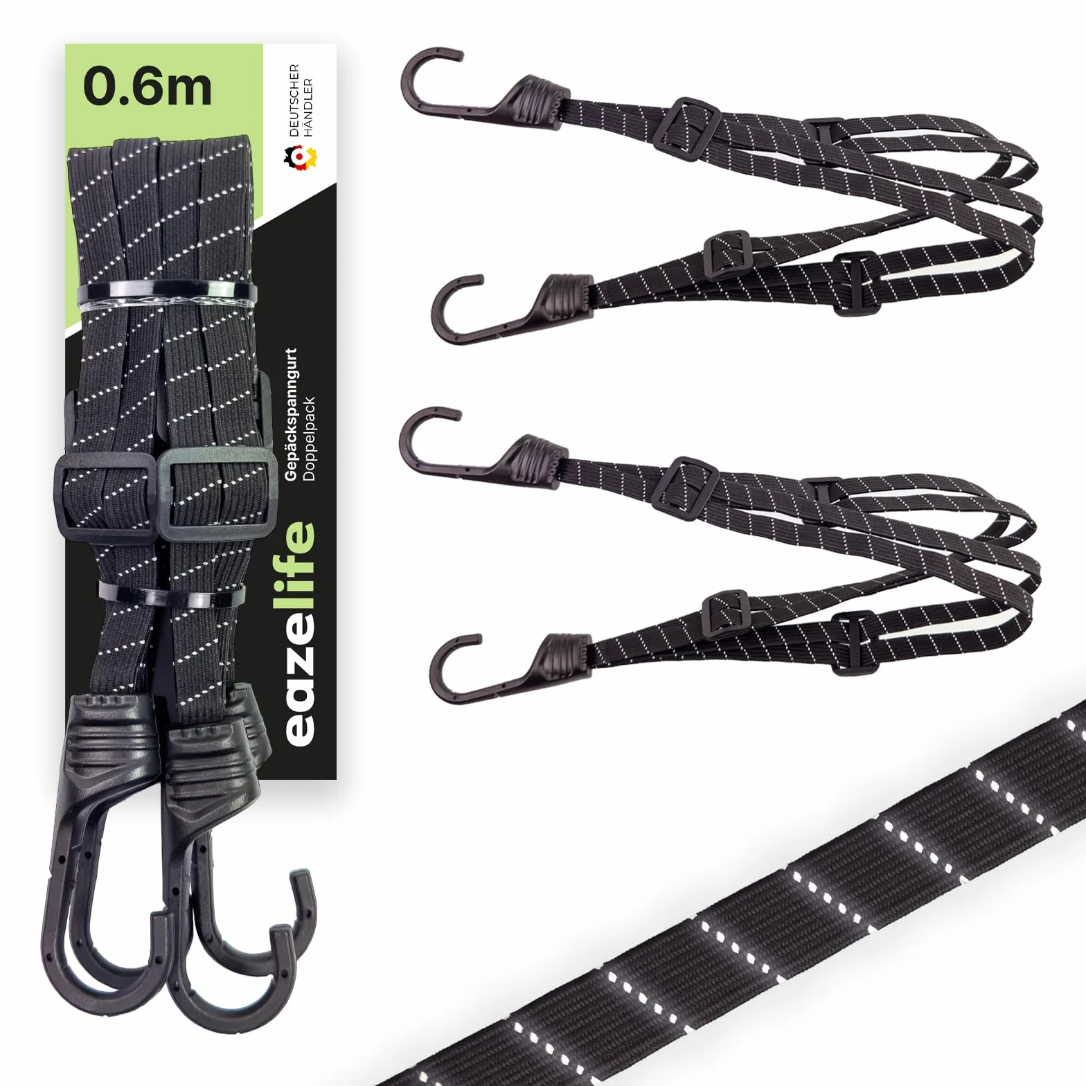 Zestaw 2 pasów mocujących do bagażu, 60 cm, regulowane, odblaskowe, wytrzymałe, odporne na zarysowania, czarne, wytrzymałe gumki napinające do bagażników rowerowych i motocykli
