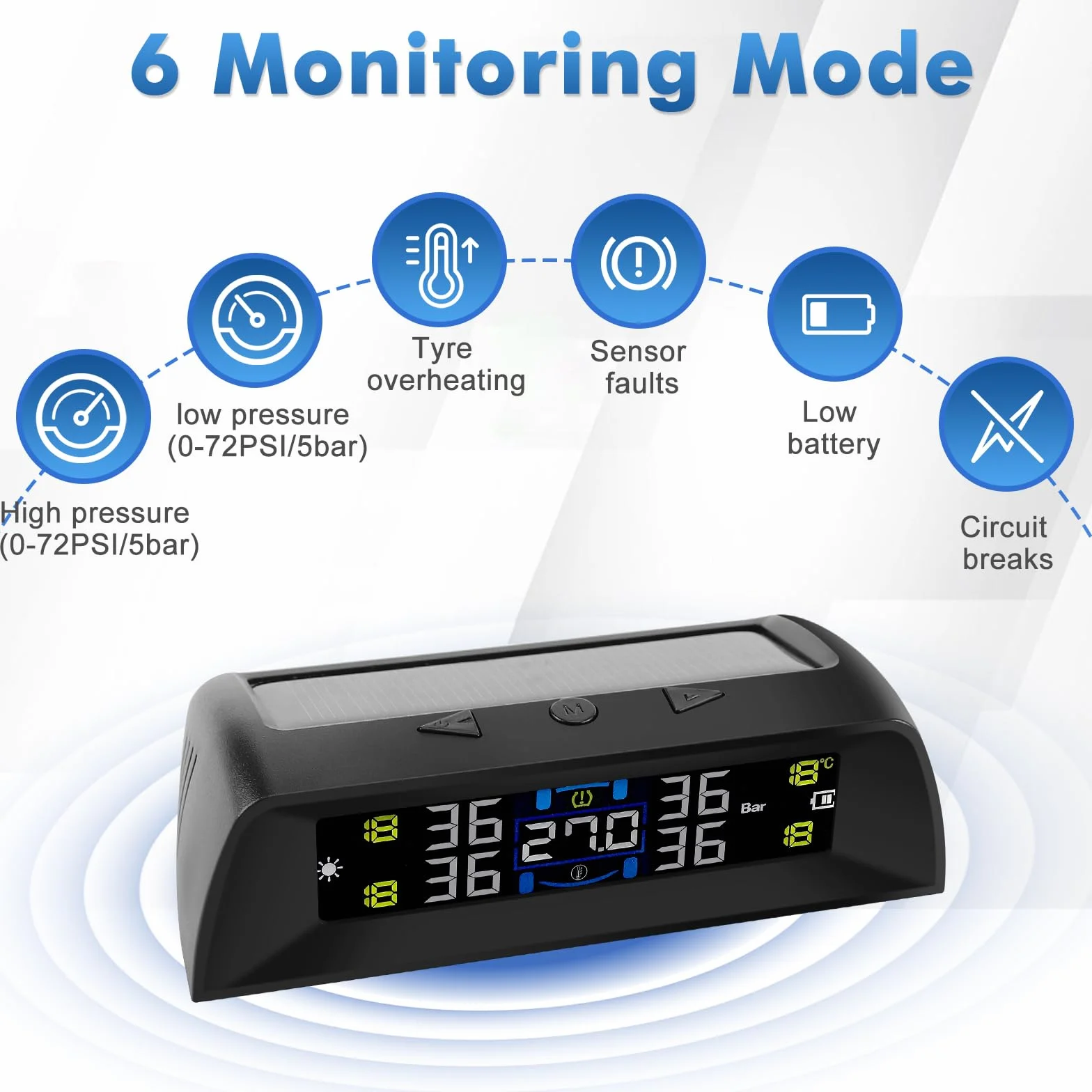 TPMS – system kontroli ciśnienia w oponach, ładowanie słoneczne/USB, alerty w kabinie, alerty temperaturowe, automatyczne włączanie/wyłączanie, dla RV, sedana, SUV, MPV, motoroweru itp., 4