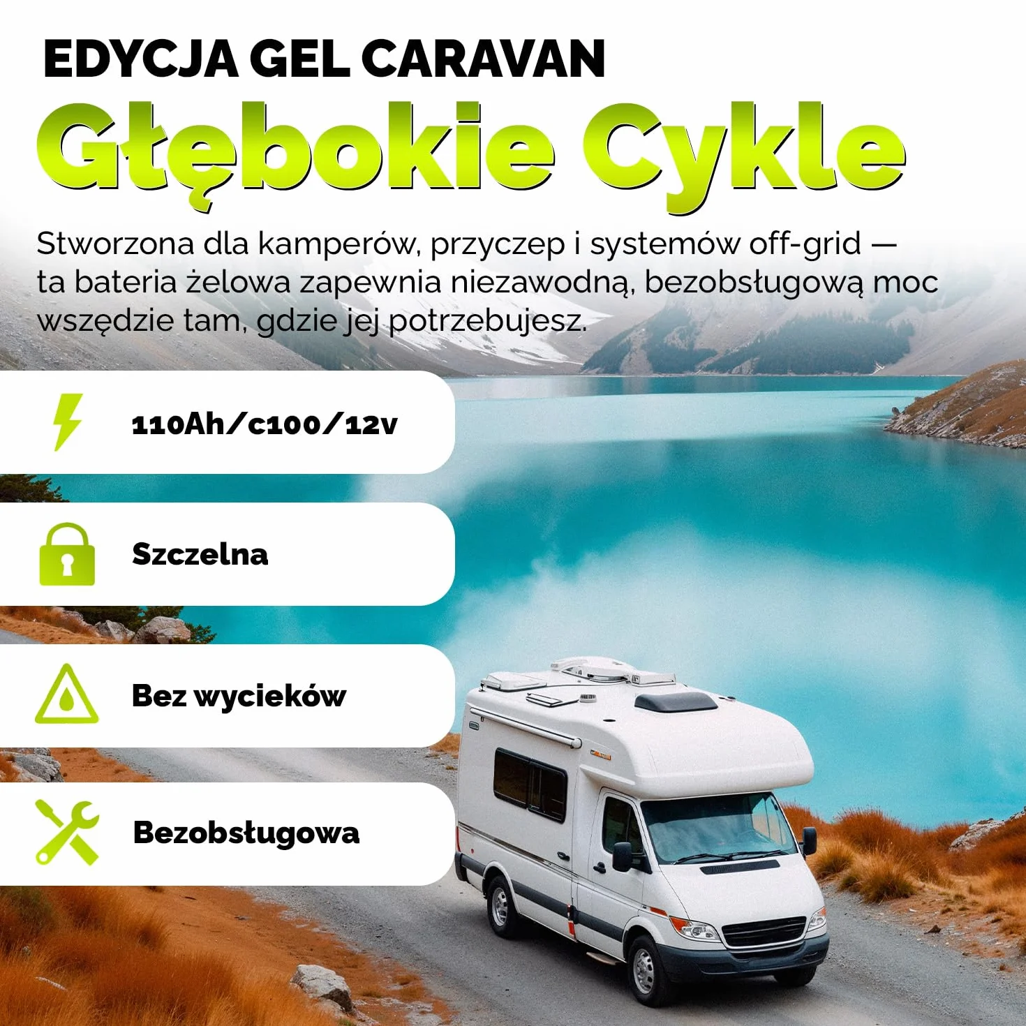 Electronicx GEL Akumulator zasilający 110Ah 12V Caravan Edition – 110 Ah C100 – Akumulator żelowy do kampera, łodzi, vana i systemów solarnych off-grid – 315×175×190 mm – bezobsługowy, szczelny