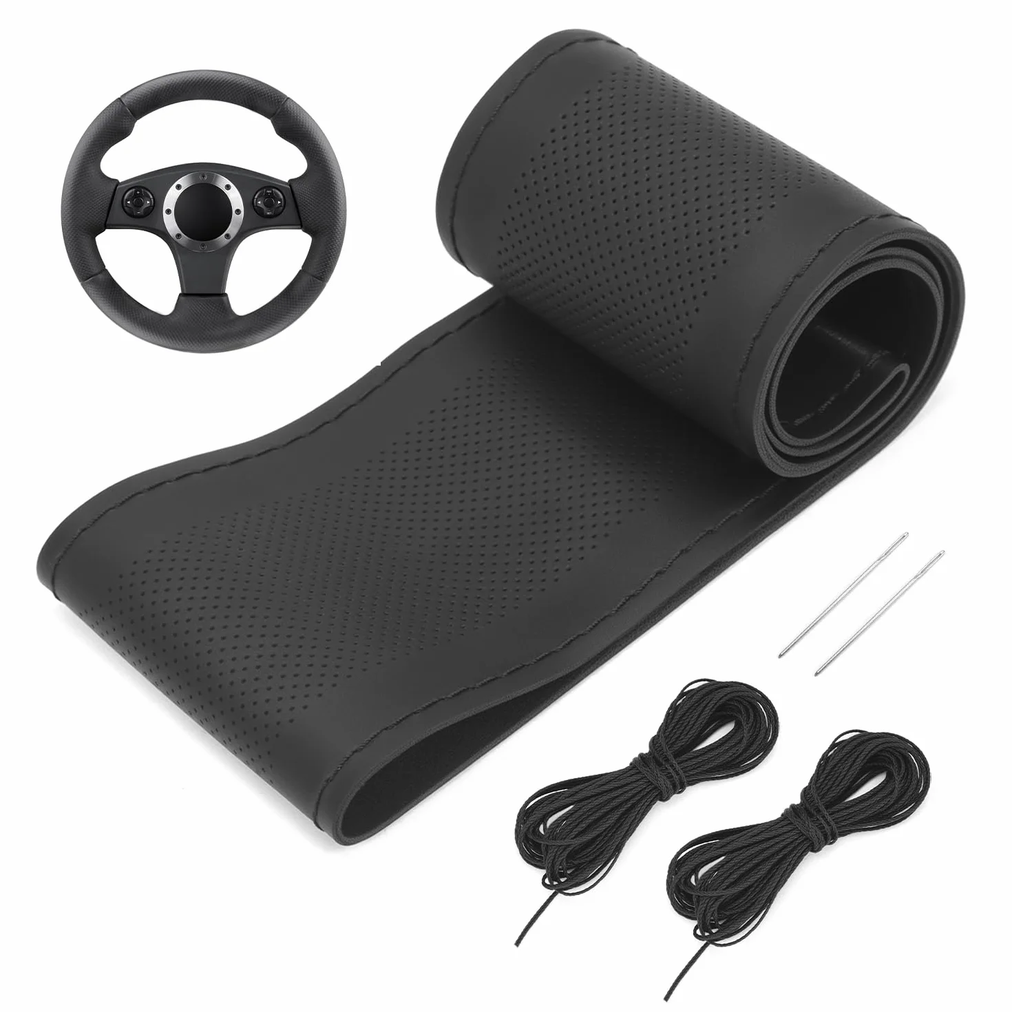 QWORK® Uniwersalny pokrowiec na kierownicę samochodu, 37–38 cm, z igłą i nicią, antypoślizgowy pokrowiec na kierownicę