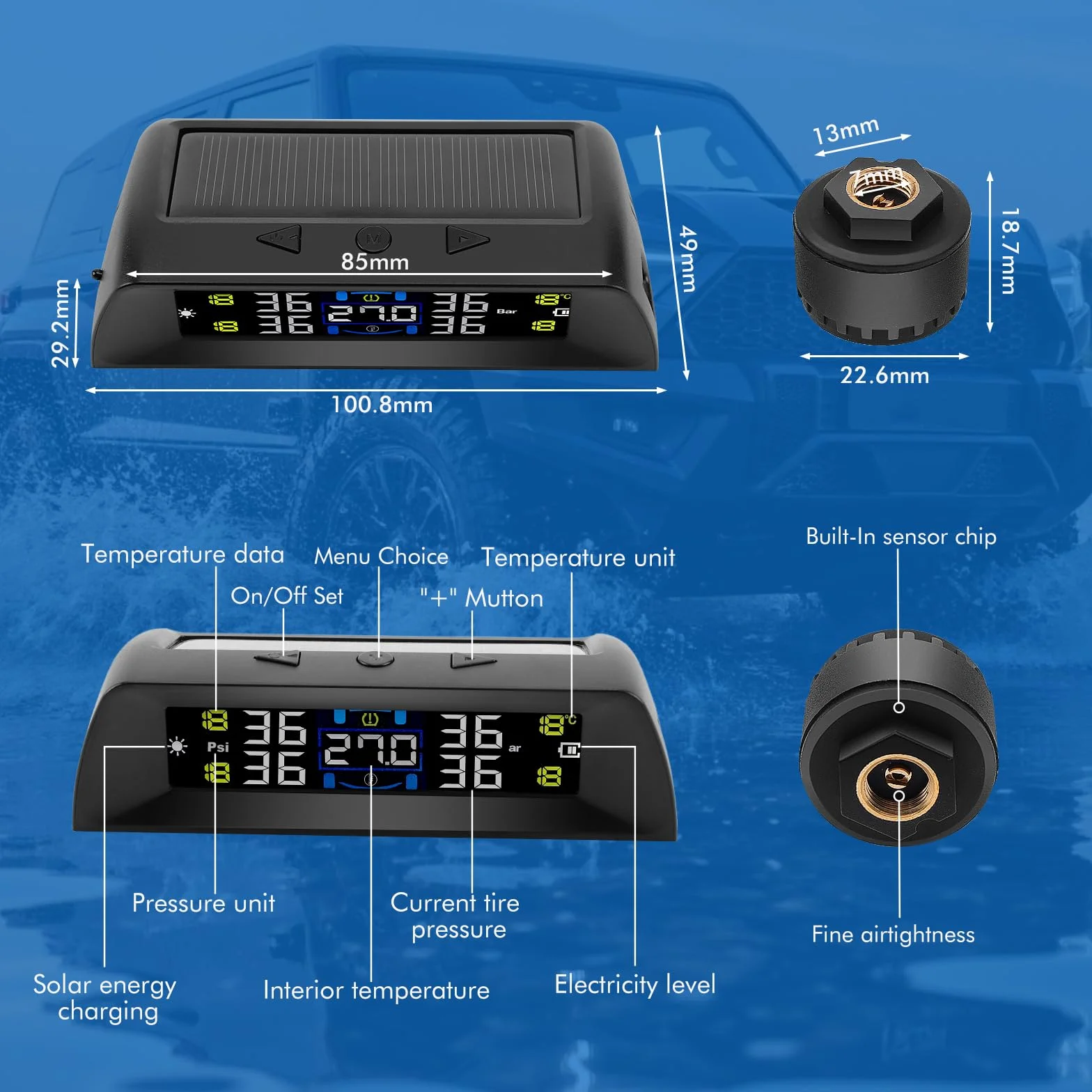 TPMS – system kontroli ciśnienia w oponach, ładowanie słoneczne/USB, alerty w kabinie, alerty temperaturowe, automatyczne włączanie/wyłączanie, dla RV, sedana, SUV, MPV, motoroweru itp., 4