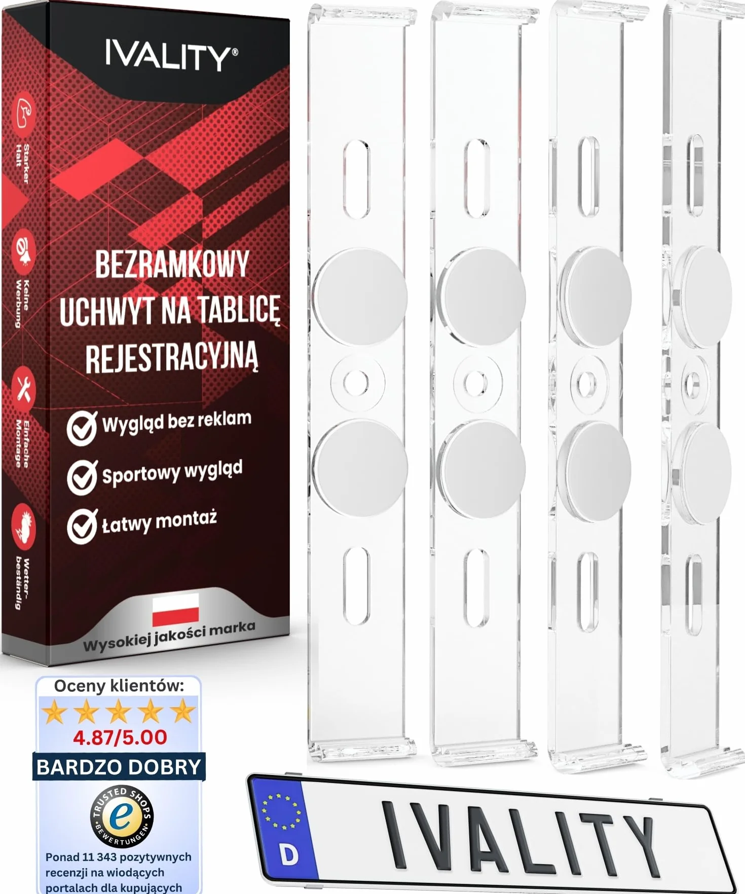 IVALITY® Uchwyt tablicy rejestracyjnej, bez ramy, do 2 x niemieckich tablic rejestracyjnych, uniwersalny uchwyt tablicy rejestracyjnej, 100% legalny i wyprodukowany w Niemczech
