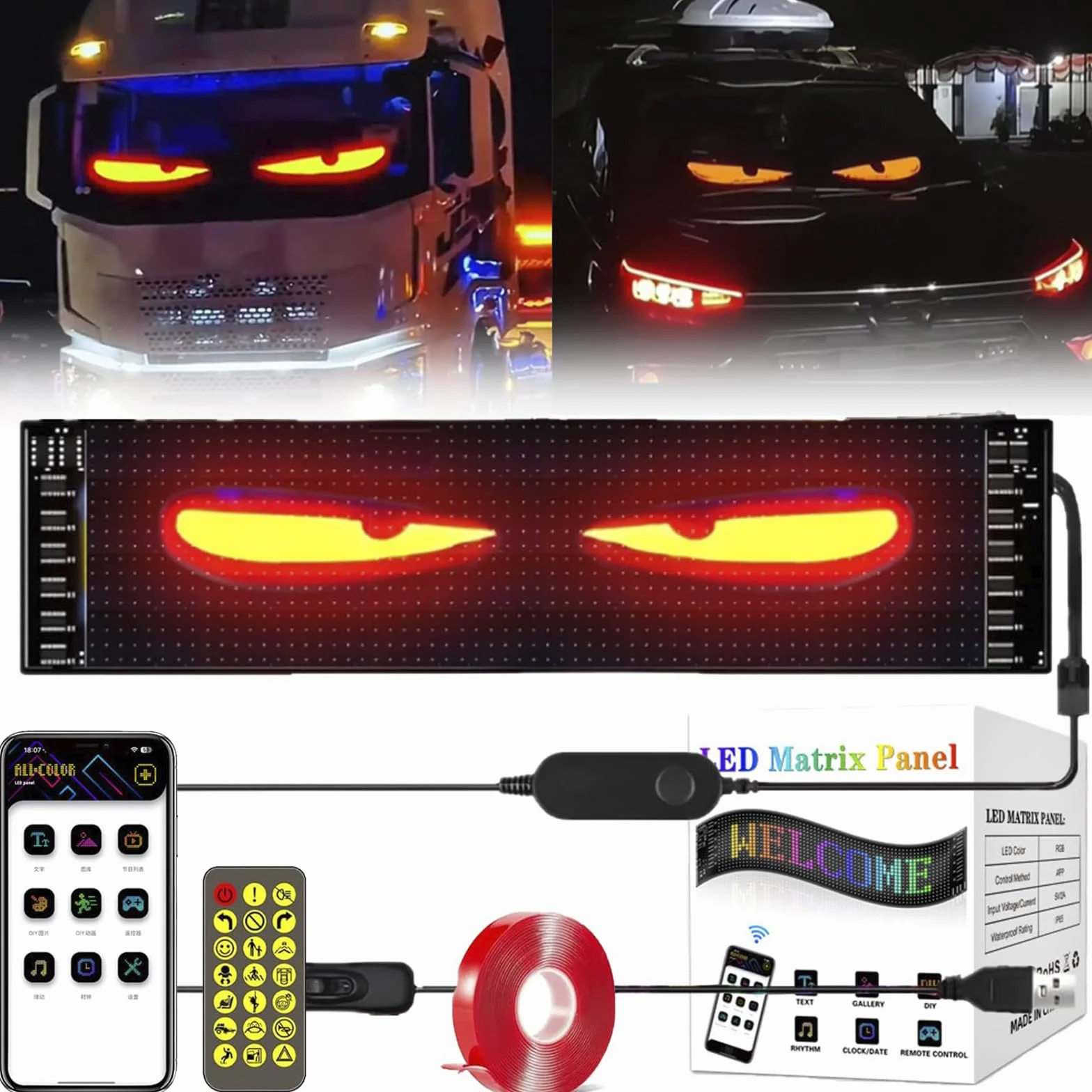 Lampa LED Oczy Diabelskie do Ciężarówek 70x173 mm Programowalny Wyświetlacz Flex