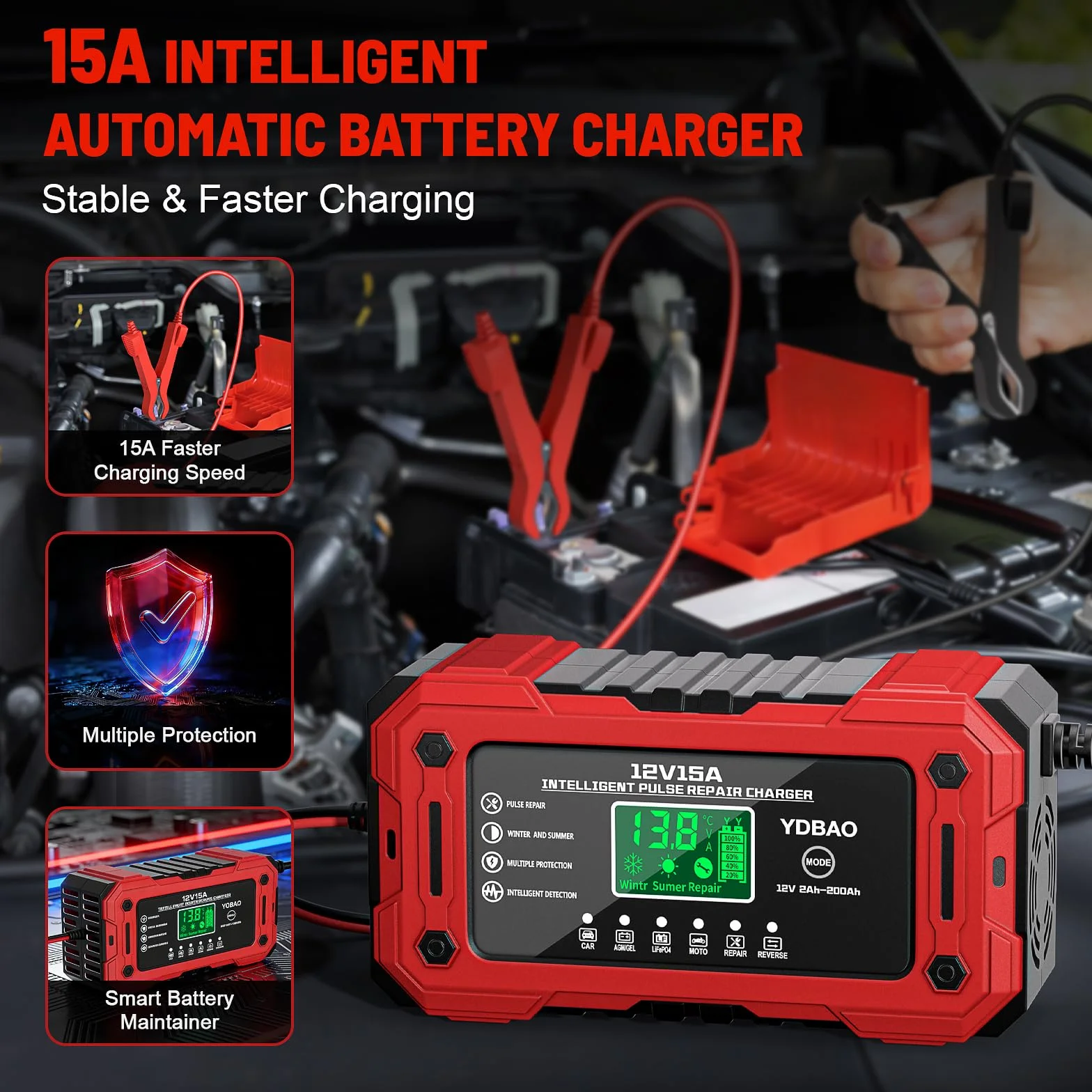 YDBAO Prostownik Samochodowy 15A 12V LiFePO4, Inteligentna Ładowarka do Akumulatorów Auto i Moto z Wyświetlaczem LCD, Tryb Naprawy, Zabezpieczenia do AGM GEL EFB SLA WET LiFePO4