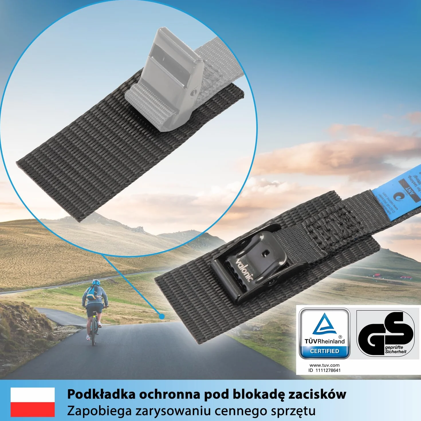 valonic ANT - 4x 35cm krótkie pasy mocujące, z podkładką, 80Kg, 19mm, certyfikat TÜV Rheinl. / GS, EN-12195-2 - do bagażnika rowerowego, pas mocujący z zamkiem zaciskowym, czarny - box dachowy, rower