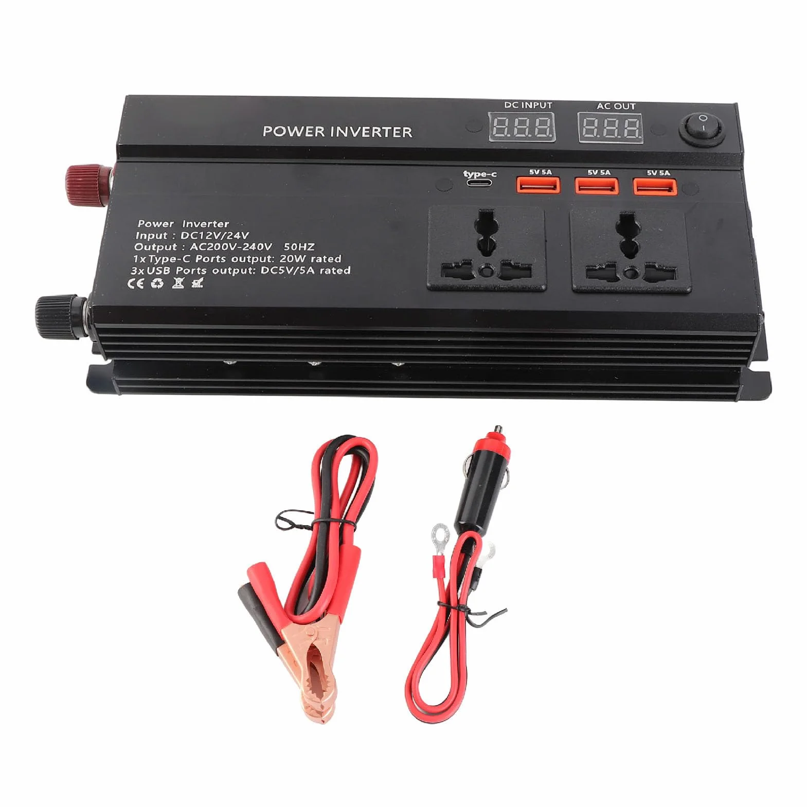 Karlak 4000W DC 12/24 V do AC 220V CAR CONVERTER, z Interfejsem Typu C, 3 USB, 2 Zapalniczce Papierosów, do Podnośnika, Napięcie, Przeciążenie, Przegrzanie