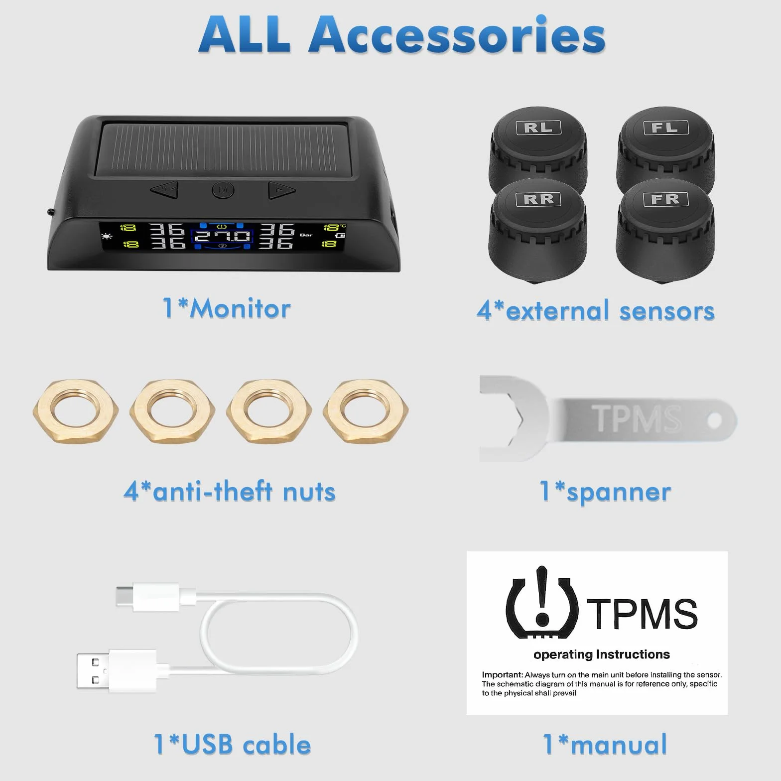 TPMS – system kontroli ciśnienia w oponach, ładowanie słoneczne/USB, alerty w kabinie, alerty temperaturowe, automatyczne włączanie/wyłączanie, dla RV, sedana, SUV, MPV, motoroweru itp., 4