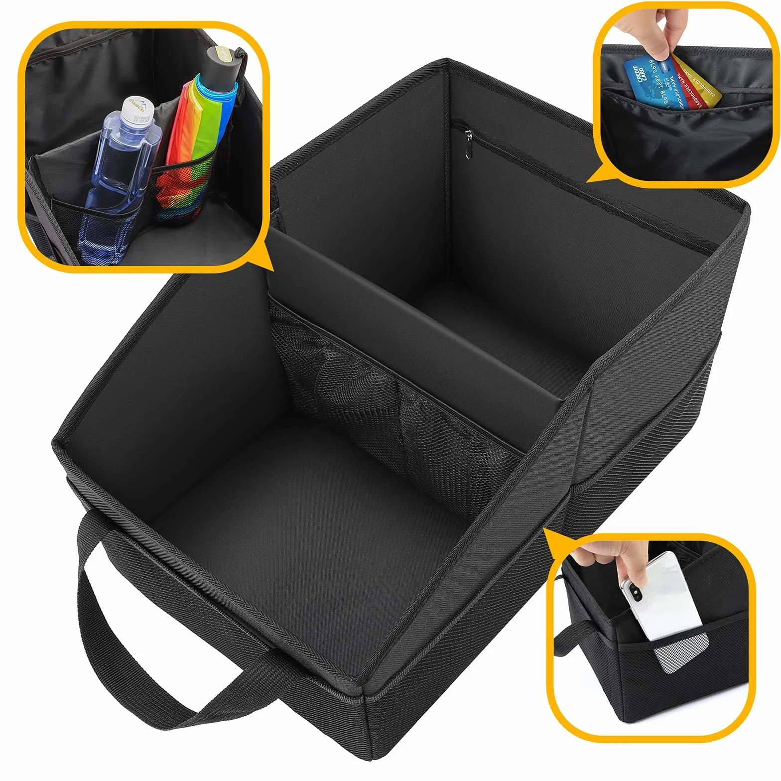 Auto Organizer z Podziałem, Uchwytami i Kieszeniami Siatkowymi